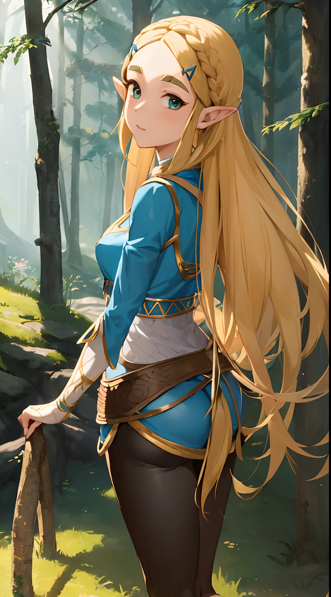 "An exquisite masterpiece with the best quality showcasing Princess Zelda from The Legend of Zelda: Breath of the Wild. Solo portrait of 1girl with black pants and a generously proportioned chest. Nintendo-inspired brilliance, the setting is in a bright forest."