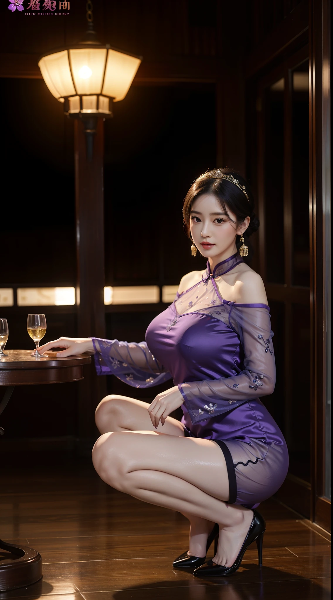 Two moms，the night，mother with big breasts，Squat，maternal，Delicate and perfect face，Delicate and sexy makeup，elaborate earrings，Delicate headgear，Delicate gloves，Sexy expression，Very sexy pose，Very huge，Very huge ass，busty figure，40 years old sexy，Wet with rain，Silky traditional oriental cheongsam，Off-the-shoulder translucent cheongsam，Decorated with intricate patterns and purple-gold color，Delicate stockings，high-heels。