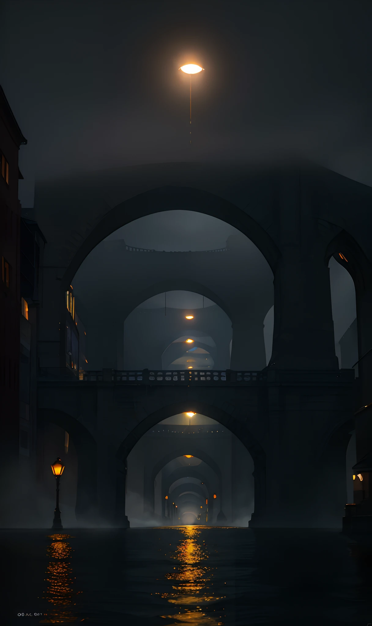 Night images of the old bridge shrouded in mist.