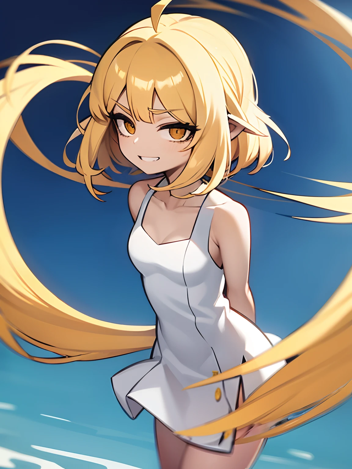 ((obra-prima, melhor qualidade)), (1girl), (solo), (foco feminino), (ahoge, cabelo vernelho, cabelo longo), olhos vermelhos, sorriso leve, boca aberta, ((Vestido vermelho)), ((vestido curto)), standingn, fundo vermelho, arms behind back, dinamic angle