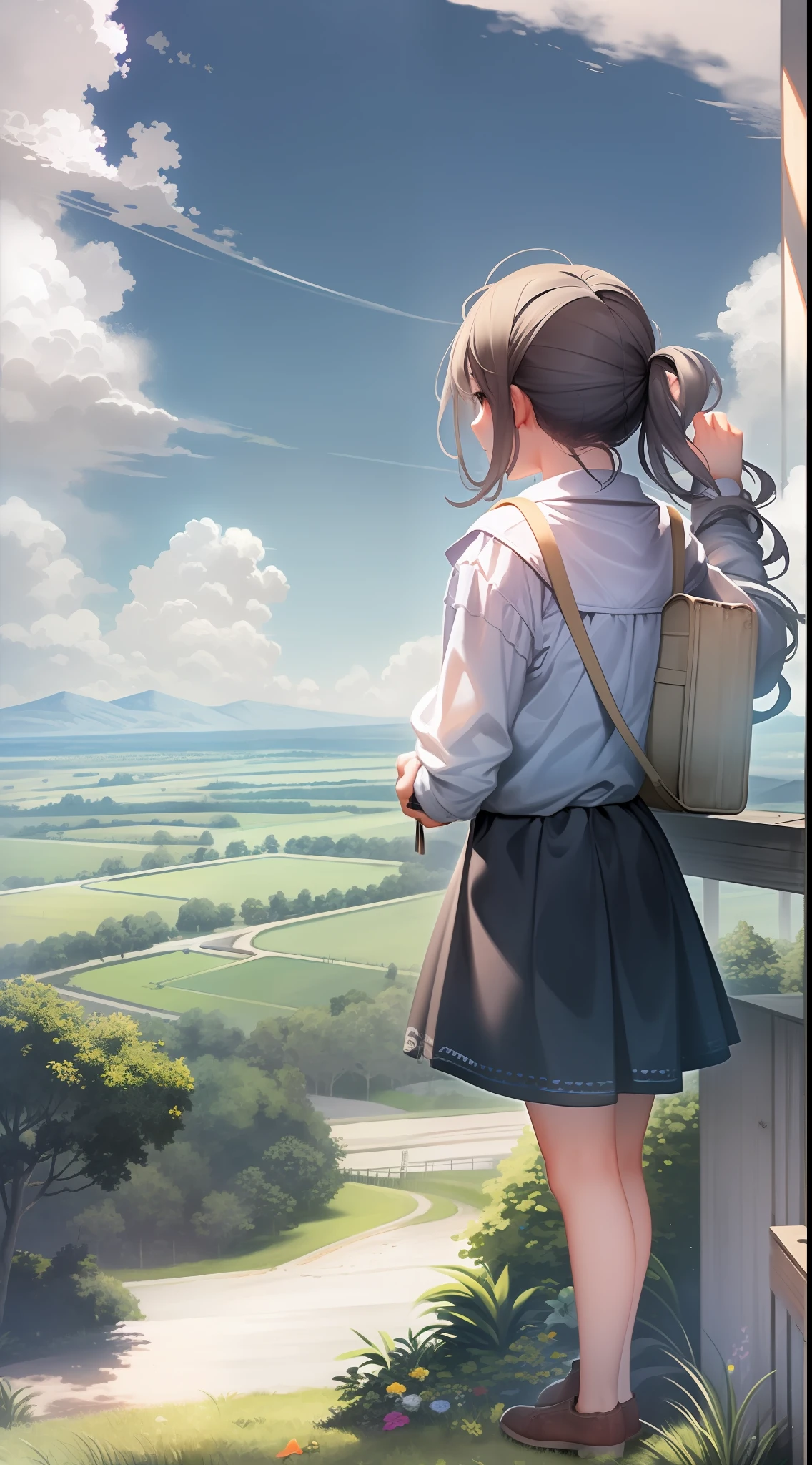 From the top of a small hill in a rural town、The scenery that a teenage girl looks at、Cumulonimbus clouds on a clear summer day、The landscape spreads out in the distance。There is a deep emotion in the girl's eyes.、His expression reflects quiet joy and sadness.。The view from where she stands、It can be felt that it evokes memories of the past and hope for the future.、You can see that this emotion is ingrained richly inside her.。