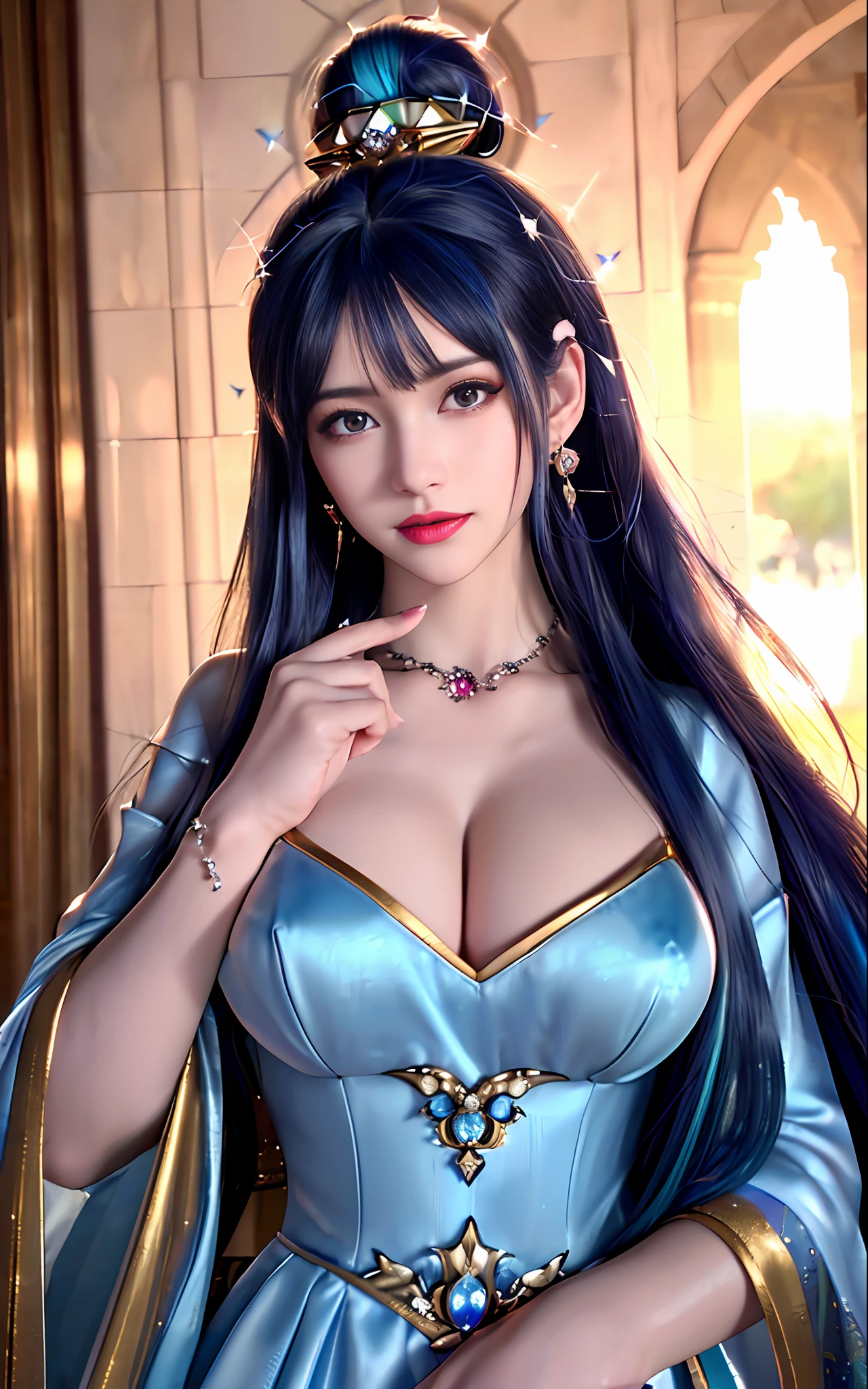 ((realisticity: 1.2)), ((realistic: 8K UHD)), ((best resolution: 8K UHD)), hyper detailed, best quality,masterpiece,highres,cg, ((1 girl hyper detailed and hyper realistic) ) , ((beautiful queen, hyper realistic and hyper detailed)),((white skin, beautiful, smooth, youthful, hyper realistic and hyper detailed )), ((Face hyper beautiful, white, hyper realistic and hyper detailed ) ), long hair, ((hyper realistic and hyper detailed dress)), solo, ((hyper realistic, hyper beautiful, beautiful and hyper detailed jewelry)), ((hyper beautiful deep red and golden yellow dress, hyper realistic and hyper detailed )) , ((Her pretty, hyper realistic, hyper detailed diamond filled earrings)), ((Her gorgeous diamond haircut, hyper realistic and hyper detailed)), ((hyper pretty upper body, hyper beautiful, hyper realistic and hyper detailed) ), ((medium : 1.5)), ((hyper realistic, hyper pretty, hyper detailed boobs)((the backgroun of the royal palace is hyper majestic, hyper realistic and hyper detailed)),((hands and palms hyper beautiful, hyper detailed, hyper realistic)), ((hyper pretty, hyper pretty, hyper realistic and hyper detailed hair bun)), ((hyper pretty , hyper realistic and hyper detailed blue hair)), candid, Photo, high resolution, 8k , bokeh,