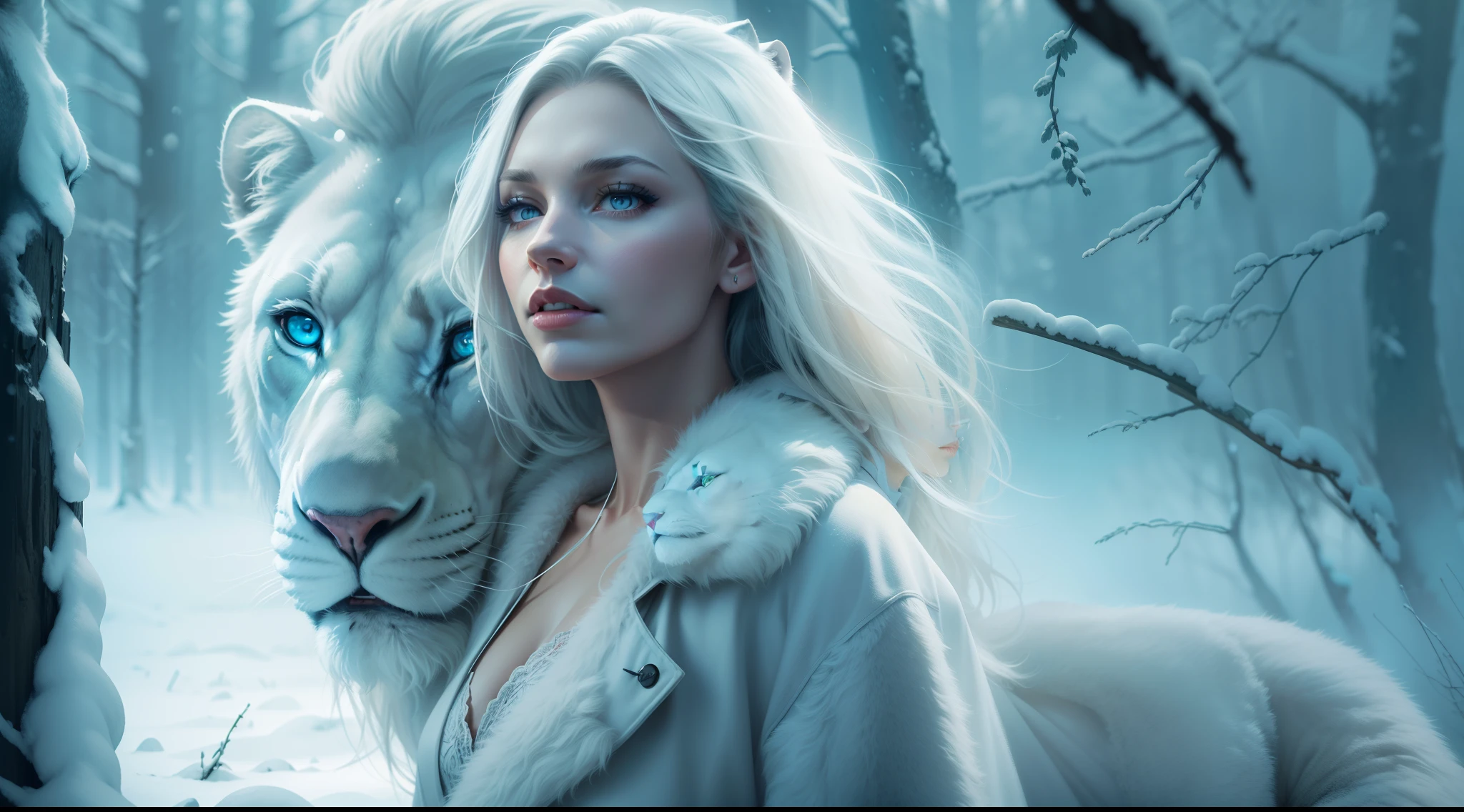 Dark and magical night, magical fog, Beautiful and beautiful woman next to a white lion, film cover style, similar to actress Lauren German, realistic, white lion next to Lauren German, young woman aged 24, magic effect, artwork raw, best quality, focus on details, Lauren German, dressed in coat, blue eyes, long snow-white hair, Dark forest image background, film cover style, girl walking in the snowy forest, Woman and Lion.