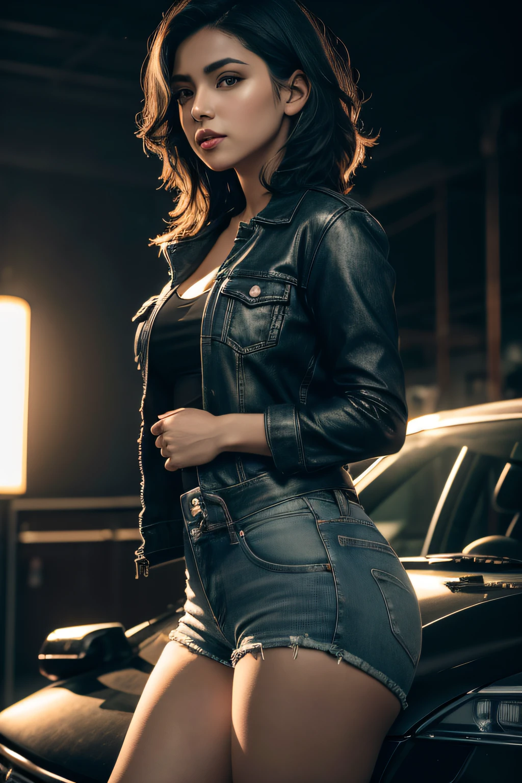 Latin woman, short jacket, short jean, working mechanic, (auto mechanic), black hair, ((bloom)), (masterpiece), (mindfully colorful), divine rays, (ultra high quality), (8K quality ), depth of field, bursts of wind, ((soft detail)), dark style, ((ray tracing effect)), (realistic: 1.3), (sharpened), mechanical workshop, multi layers, high gloss, detailed flare, (body curved), DLSR, 8K UHD, (reflections in the area), detailed ambient lighting, glitters, luces de neon intensa, technology, desktops