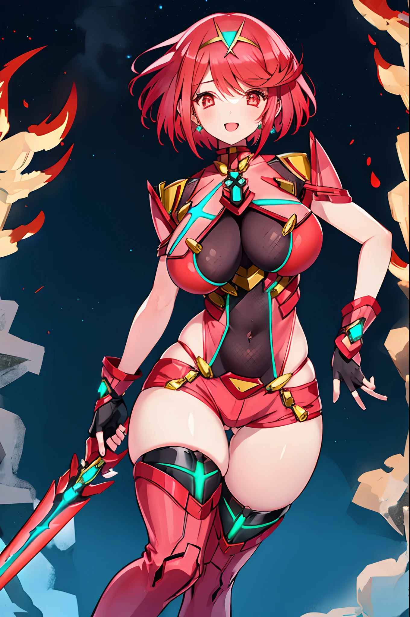 pyra \(xenoblade\), _1girl, armor, bangs, black gloves, breasts, red eyes, closed mouth, earrings, eyelashes, fingerless gloves, floating hair, framed breasts, gem, gloves, hair ornament, headpiece, jewelry, big_breasts, leaning back, leotard, neon trim, official art, pose, red hair, red shorts, saitou masatsugu, short hair, short shorts, short sleeves, shorts, sidelocks, skin tight, solo, standing, swept bangs, thighhighs, tiara, night_prairie_background, turtleneck, underbust, vambraces, xenoblade chronicles \(series\), (xenoblade chronicles 2), apart_legs, fire_effect,dynamic_pose_fighting,light_smile, (plump:1.1), big_ass,huge_sword, hold_large_sword_hilt, solo, covered_nipples, covered_pussy,open_mouth,back_view,