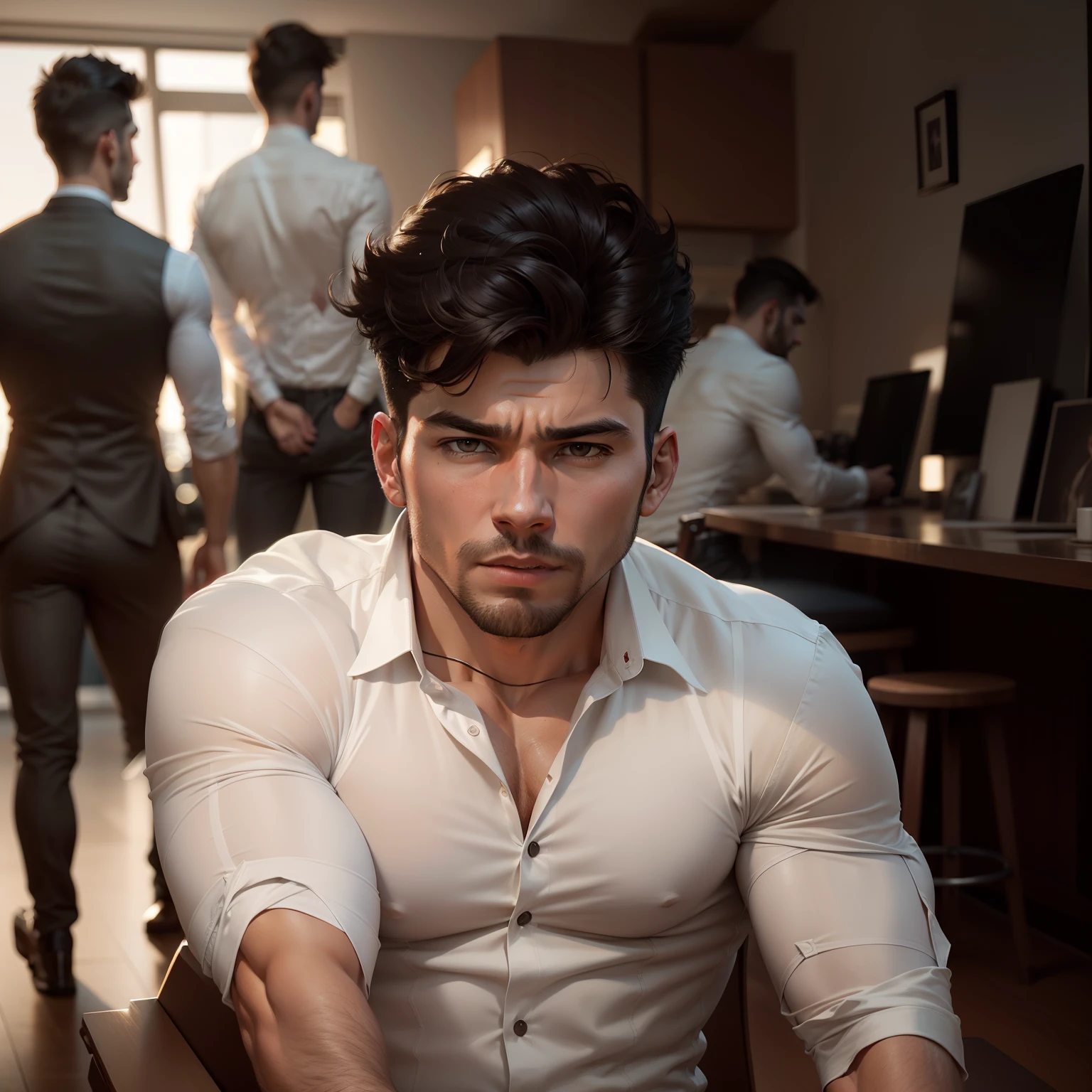 1man, 
a 30 y.o muscular male wearing long-sleeve white shirt and tie, wearing leather shoes,  full body, 
soft lighting, 
masterpiece, best quality, 8k uhd, dslr, film grain, Fujifilm XT3 photorealistic painting art by midjourney and greg rutkowski