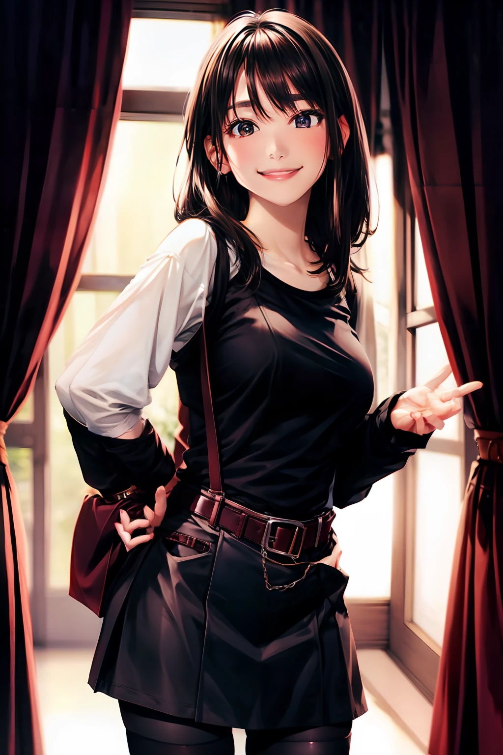 a belt　Moderately breasts　　　suspenders　　garterbelts　　　Black stockings　　Black tank top　a miniskirt　Brown hair　Gray eyes　length hair　No bangs　morning glow　chain　Fold your hands behind your back　a smile