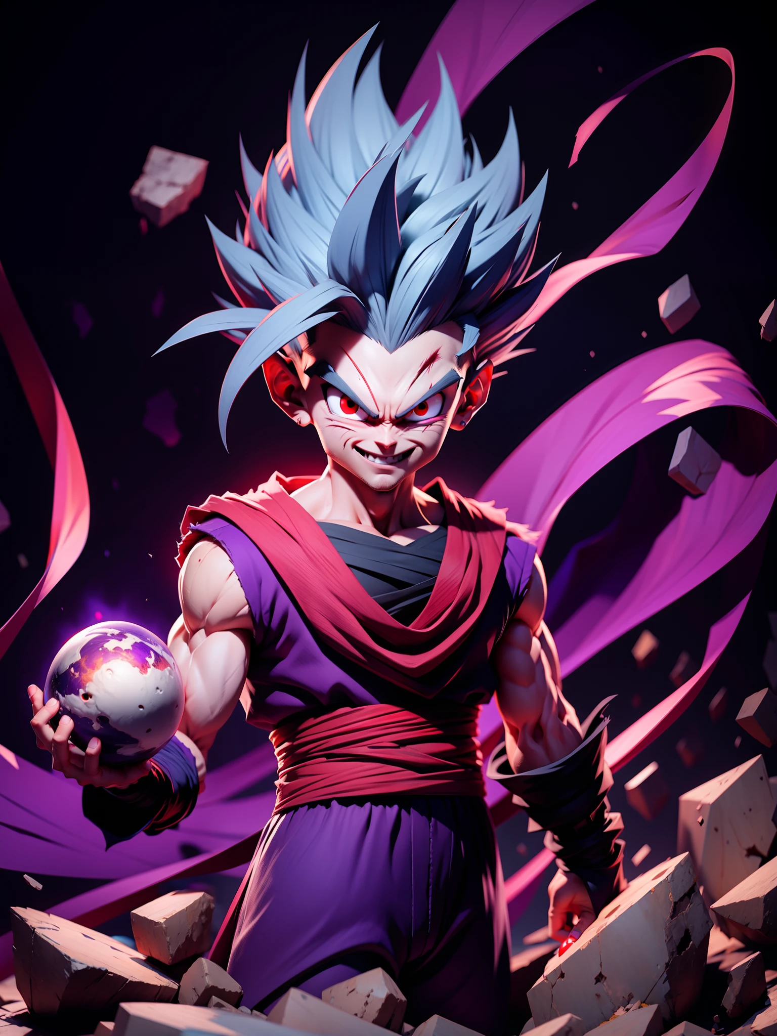 masterpiece, best quality, ultra-detailed, Adult Gohan 1boy, solo, Full body, evil smile, grey hair, spiked hair, (((red eyes))), (((perfect eyes))), (((PURPLE dougi))), full body, looking at viewer, male focus, earth \(planet\), planet, space, cracked ground and lots of rocks rising up, lots of debris going up, perfect hands . Cute, chibi,