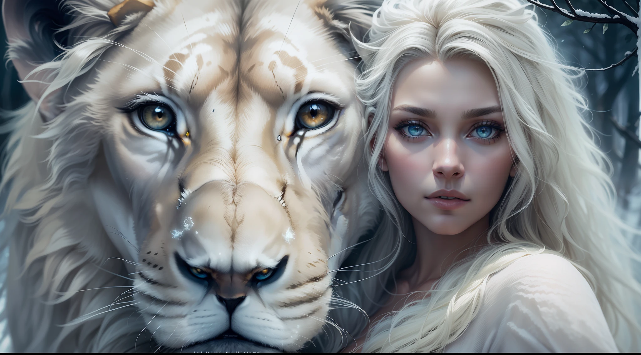 Dark and magical night, magic mist, Beautiful and beautiful woman next to a white lion, estilo de capa de filme, similar to actress Lauren German, Realistic, white lion next to German Lauren, mulher nova de 24 anos, magical effect, arte crua, best quality, foco nos detalhes, Lauren German, vestido de casaco, olhos azuis, longos cabelos brancos de neve, Fundo de imagem de floresta escura, estilo de capa de filme, menina que caminha na floresta nevada, Woman and Lion.