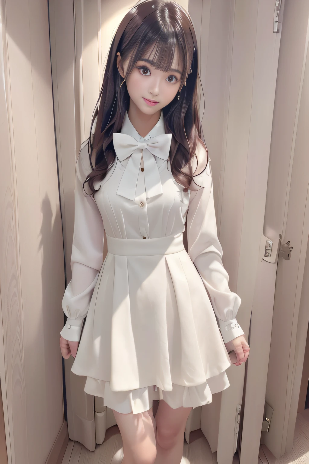 Amabergerie Dress、1girl in、full body Esbian、Naughty face、
top-quality、​masterpiece、超A high resolution、Raw photography、​masterpiece、top-quality、(Photorealsitic:1.4)、delicated face、(narrow waists:1.2)、
doress、long-sleeve、bow ribbon、frilld、(Plaid dresses:1.2)、sleeves past wrists、white bow ties、is standing、Plaid、grey dress、white bow、Black pantyhose、Footwear、Pearl Button
outdoor, Walking, 
（of the highest quality，8K，Super masterpiece：1.3），An ultra - realstic face、Beautiful Women in Perfect Figure，1***********、25-years old、（Beautuful Women，Perfect body），brown haired，Sexy Mystery，Very charming, Ultra-high resolution，Highest Quality，(Photorealsitic:1.9)，Dynamic angles、dynamicposes，超A high resolution、(Yuki's face)、Velvet clothes、Onepiece、flat chest、Smaller chest、small tits、Shoes with narrow heels、Enamel High Heels、View here、Luxurious long-haired、Waves at the tips of the hair、Sexy、Photo Graphics、Real、Woman、Pleated skirts longer than the knee、POV、Ecstatic look、The best smile、、insertion、wide-open legs、Modest waist、C cup breasts、