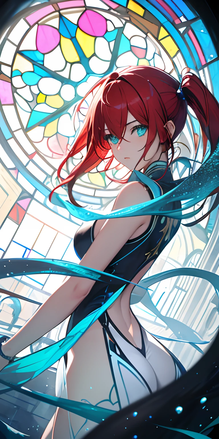 (masterpiece, best quality, ultra-detailed, best shadow), (detailed background, dark fantasy), (cowboy shot), ((extreme low angle)), (beautiful detailed face), high contrast, (best illumination, an extremely delicate and beautiful), ((cinematic light)), colorful, hyper detail, dramatic light, intricate details, (1girl, solo, red hair, sharp face, low twin tails, aqua eyes, hair between eyes, dynamic angle), blue radiant water splatter, swirling white halo light from the character, (depth of field), white light particles around, (vivid colorful stained glass), magic circle,