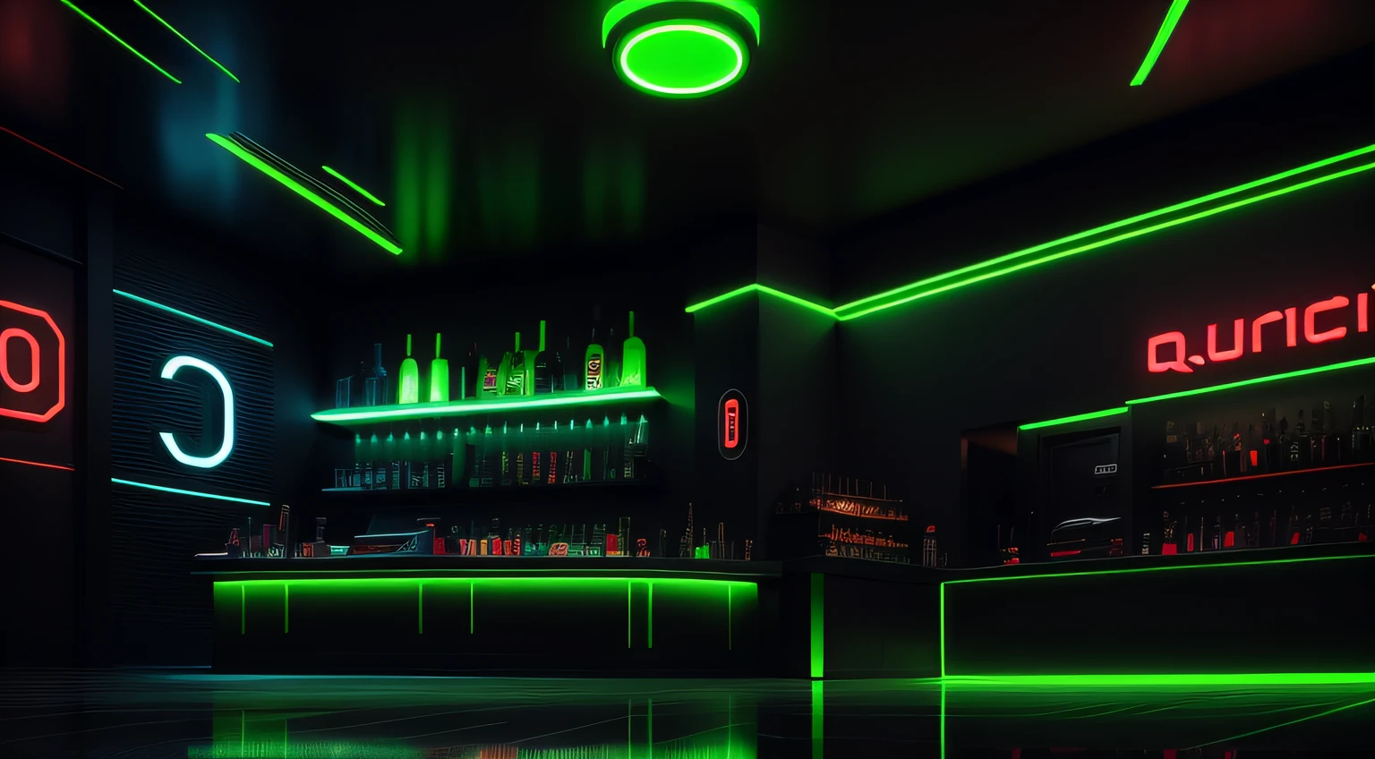 Interior space,neon-light-effect,Black and green combination,Red accents,3D Digit Background,with light glowing,smooggy,Bar counter,HighestQuali,k hd,Realiy,The number background is random