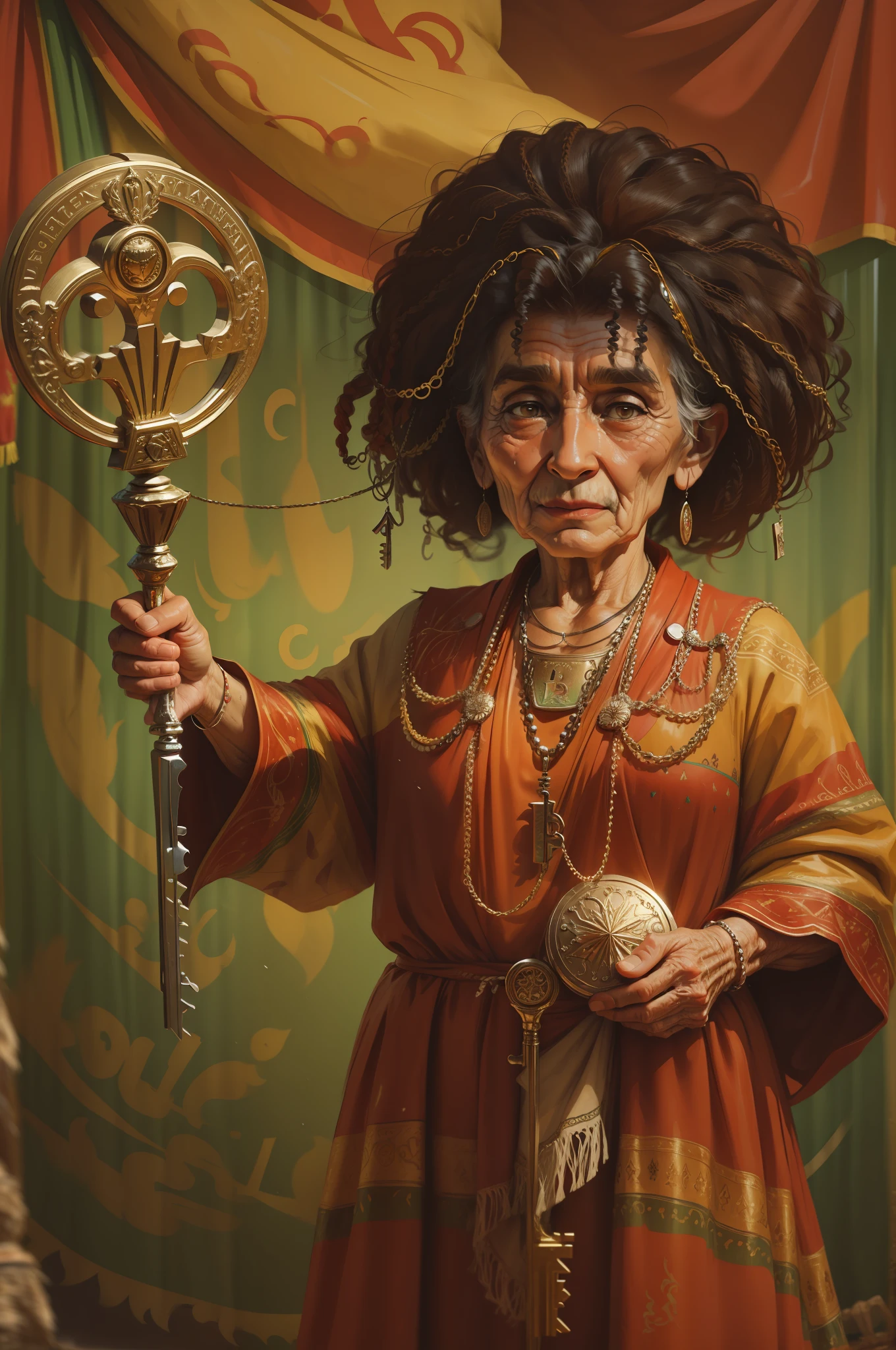 An elderly brown Bulgarian gypsy in traditional Bulgarian robes holding a large key in the center of a circus arena