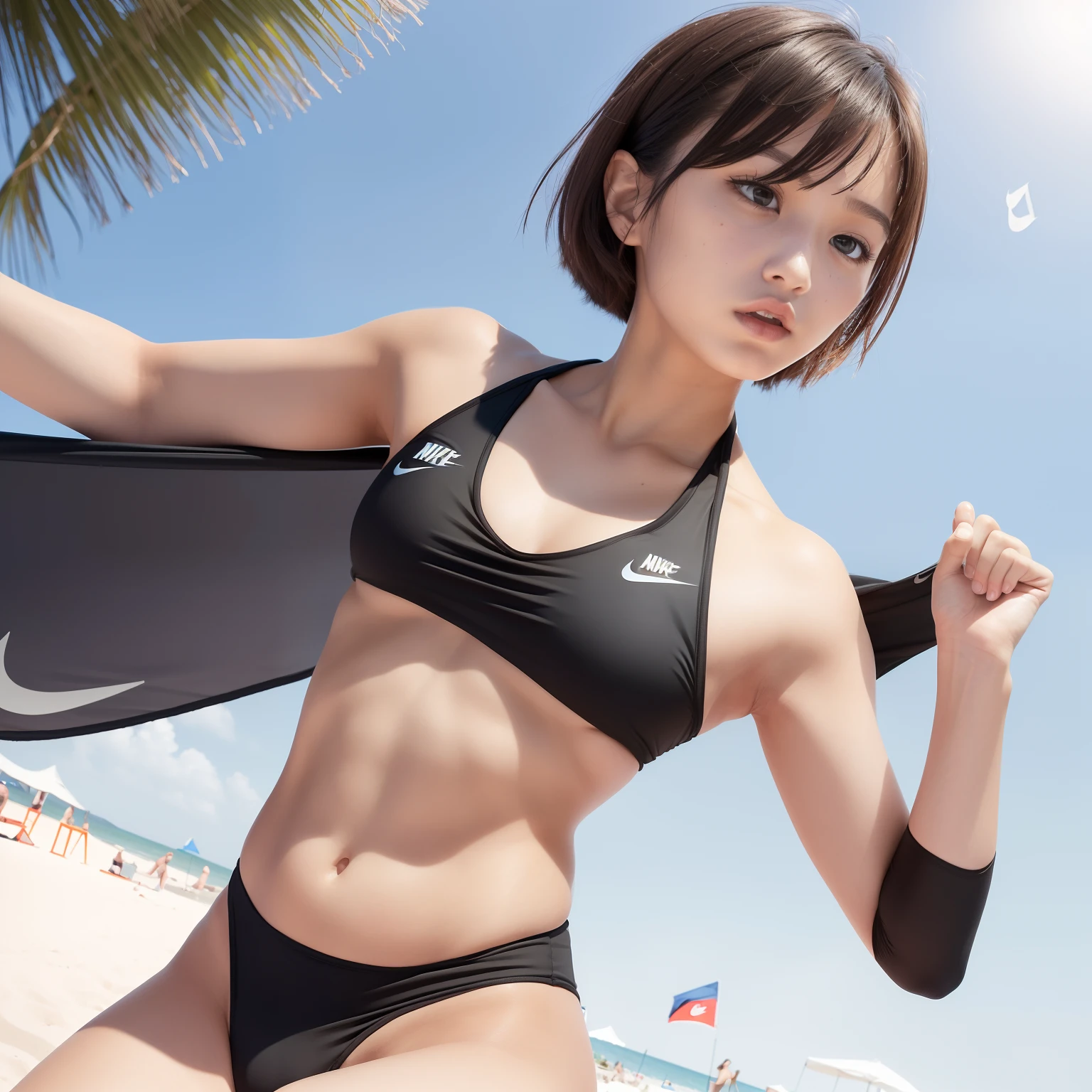 (Solo), (a detailed full-body RAW photo of a girl), (masutepiece:1.0), (Best Quality:1.4), (超A high resolution:1.2), (Photorealistic:1.4), 8K resolution, Canon EOS R5, 50 millimeters, absurderes, ultra-detailliert, (40yo), back focus, Cinematic lighting, Detailed beautiful face, (no-makeup:1.2), (ulzzang -6500-v1.1), petite figure, Detailed skin texture, (flat chest:1.4), (skinny and fit body:1.6), Detailed brown hair, sweltering,(Very short hair:1.5), See Through wear, (dark colour Nike Competition beach volleyball bikini:1.5), More transparent, low rise, realistic glistening skin, Detailed texture, (erect nipples:1.5), (japanese athlete:0.5), Cameltoe, well-developed abs, (beach), dynamic pose,