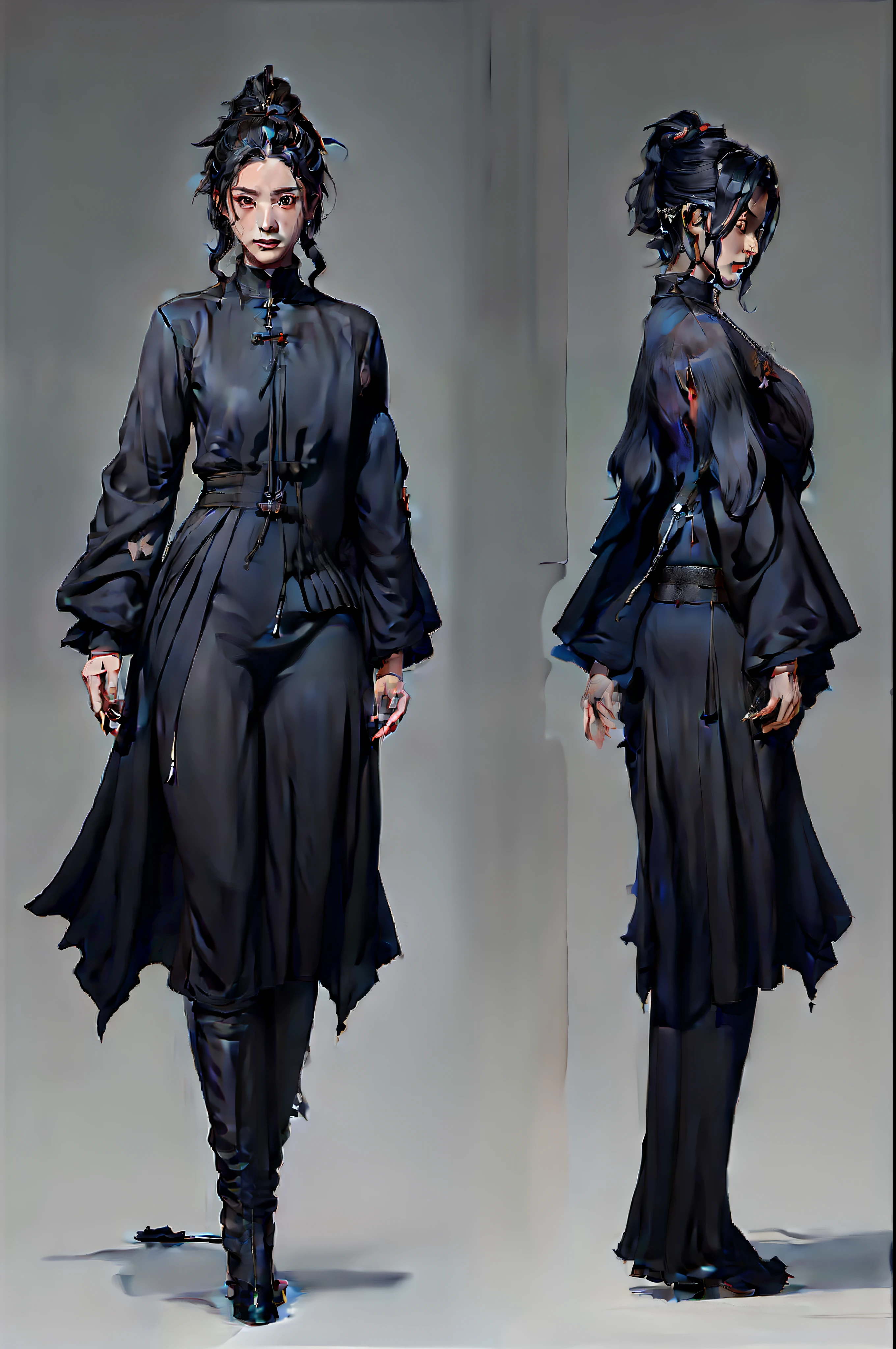 A female Taoist priest.Wearing a black robe,Clothes are shabby,The sword on the body,character design,concept design