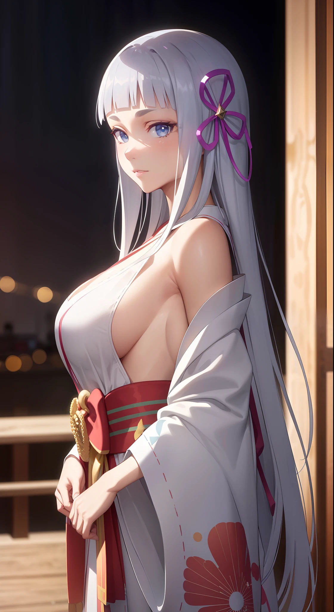 hair ornament, very long hair, japanese clothes, professional artwork, Intricate Details, field of view, sharp focus, detailed painting, photorealistic lighting, trending on pixiv, Standing at attention, ((large breasts:1,3)), Beautiful body,Beautiful Nose,Beautiful character design, perfect eyes, perfect face, looking at viewer, SFW,official art,extremely detailed CG unity 8k wallpaper, perfect lighting,Colorful, Bright_Front_face_Lighting, (masterpiece:1.0),(best_quality:1.0), ultra high res,4K,ultra-detailed, photography, 8K, HDR, highres, absurdres:1.2, Kodak portra 400, film grain, blurry background, bokeh:1.2, lens flare, (vibrant_color:1.2), shikkoku_yorihime, (seductive look), ((looking at viewer, front body pose))