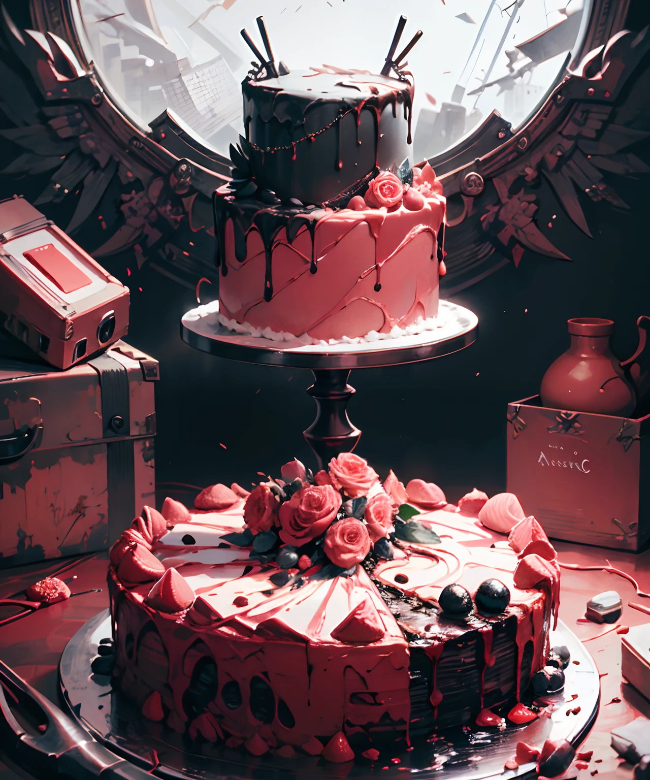 official art, unity 8k wallpaper, ultra detailed, beautiful and aesthetic, High quality, beautiful, masterpiece, best quality, , flat color, limited palette, low contrast, cake, pink, bright pastel colors, kawaii, (horror), eerie, in hell, creepy, best lighting, close up, close up cake