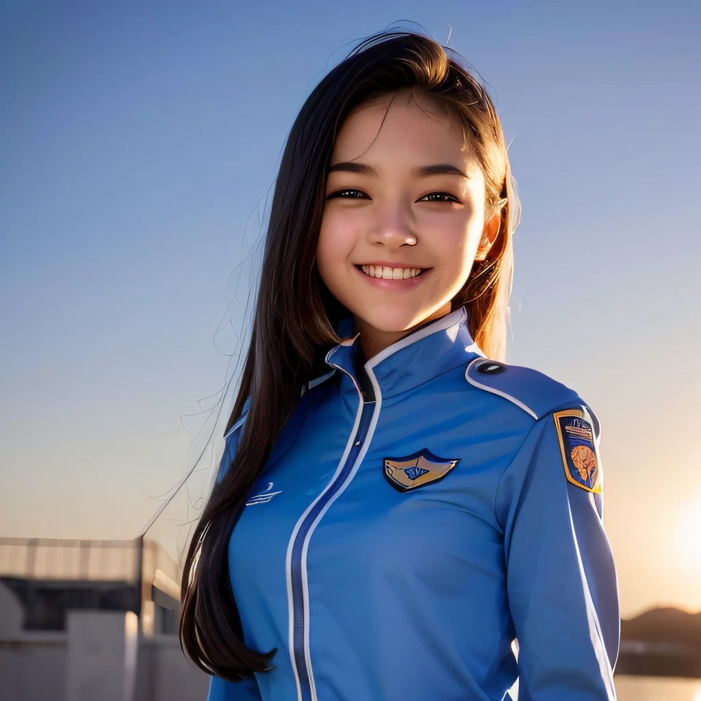 one teenage cute girl in uniform, (masterpiece, best quality:1.2), ultra high res, (photorealistic:1.4), detailed skin, cinematic lighting, friendly, intelligent, conversation engaging, happy, kind, energetic, cheerful, creative, with sparkling eyes and a contagious smile