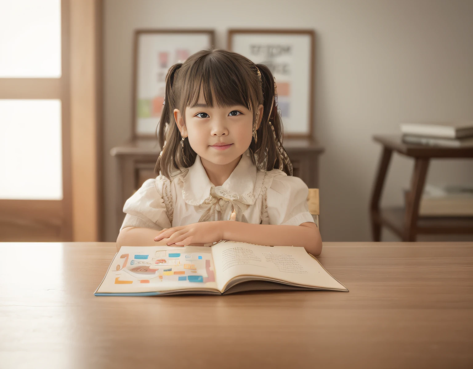 Little girl in color comics，Place one hand on the other，An open book，A natural hand，Creamy texture