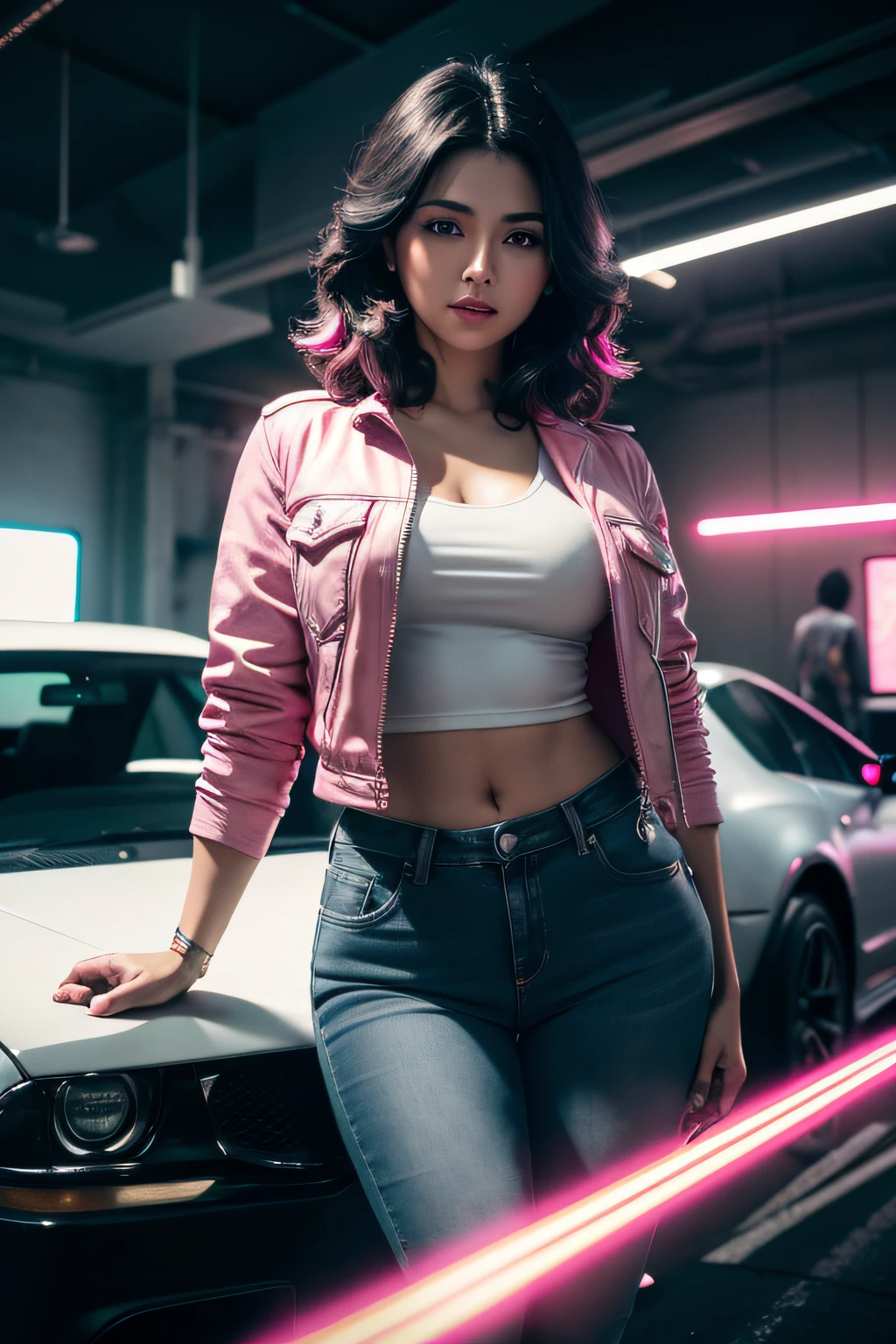 Latin woman, short jacket, (destroy short jean), working mechanic, (auto mechanic), black hair, ((bloom)), (masterpiece), (mindfully colorful), divine rays, (ultra high quality), (8K quality ), depth of field, bursts of wind, ((soft detail)), dark style, ((ray tracing effect)), (realistic: 1.3), (sharpened), mechanical workshop, multi layers, high gloss, detailed flare, (body curved), DLSR, 8K UHD, (reflections in the area), detailed ambient lighting, glitters, ((neon lights pink)), technology, ((desktops computers)), oil stains in body with vehicles, with cars