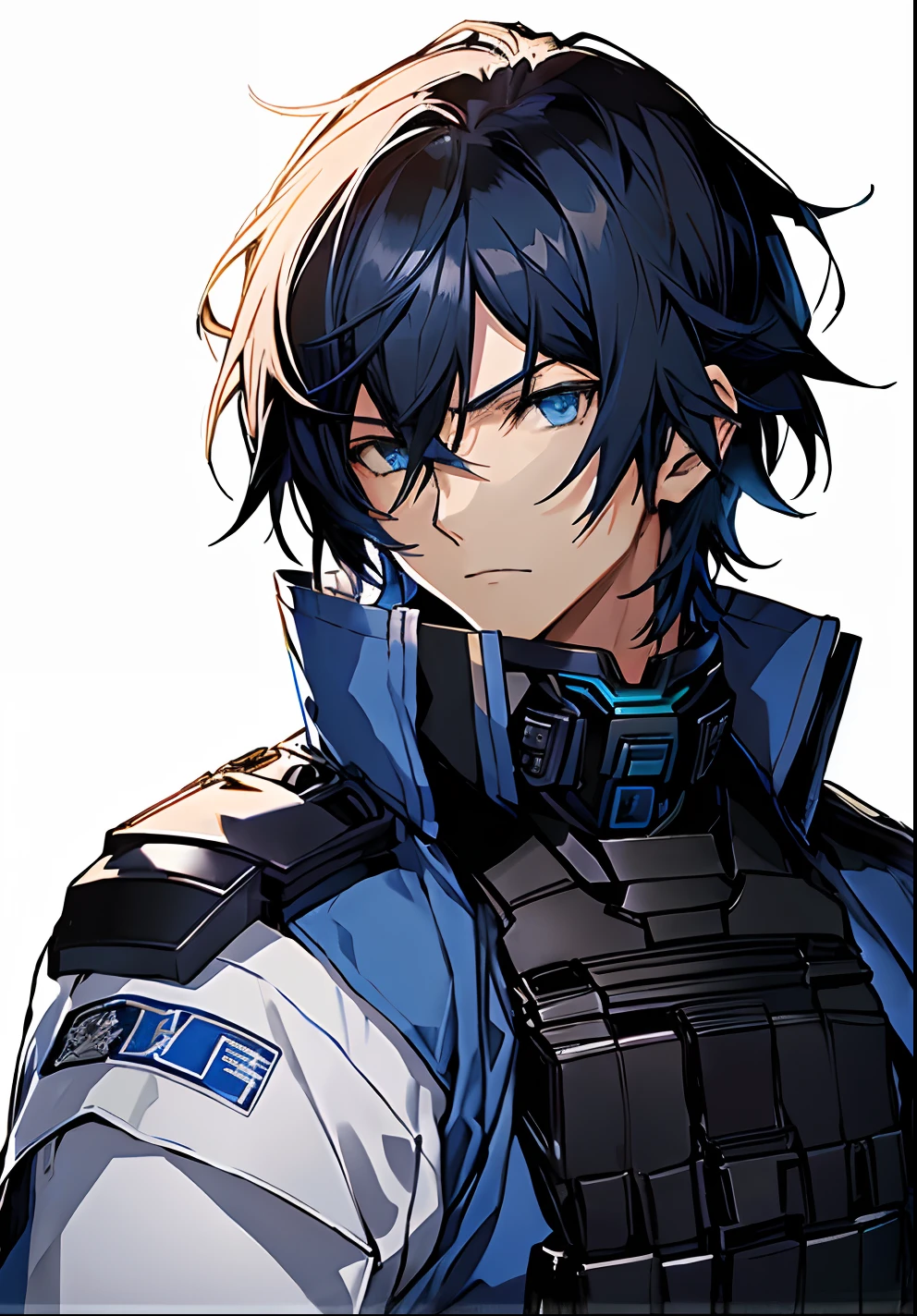 boy, medium black hair, blue eyes, person in uniform with blue jacket and white police vest, male protagonist, astral chain male protagonist, arte detalhada do personagem de anime, shigenori soejima illustration, Makoto