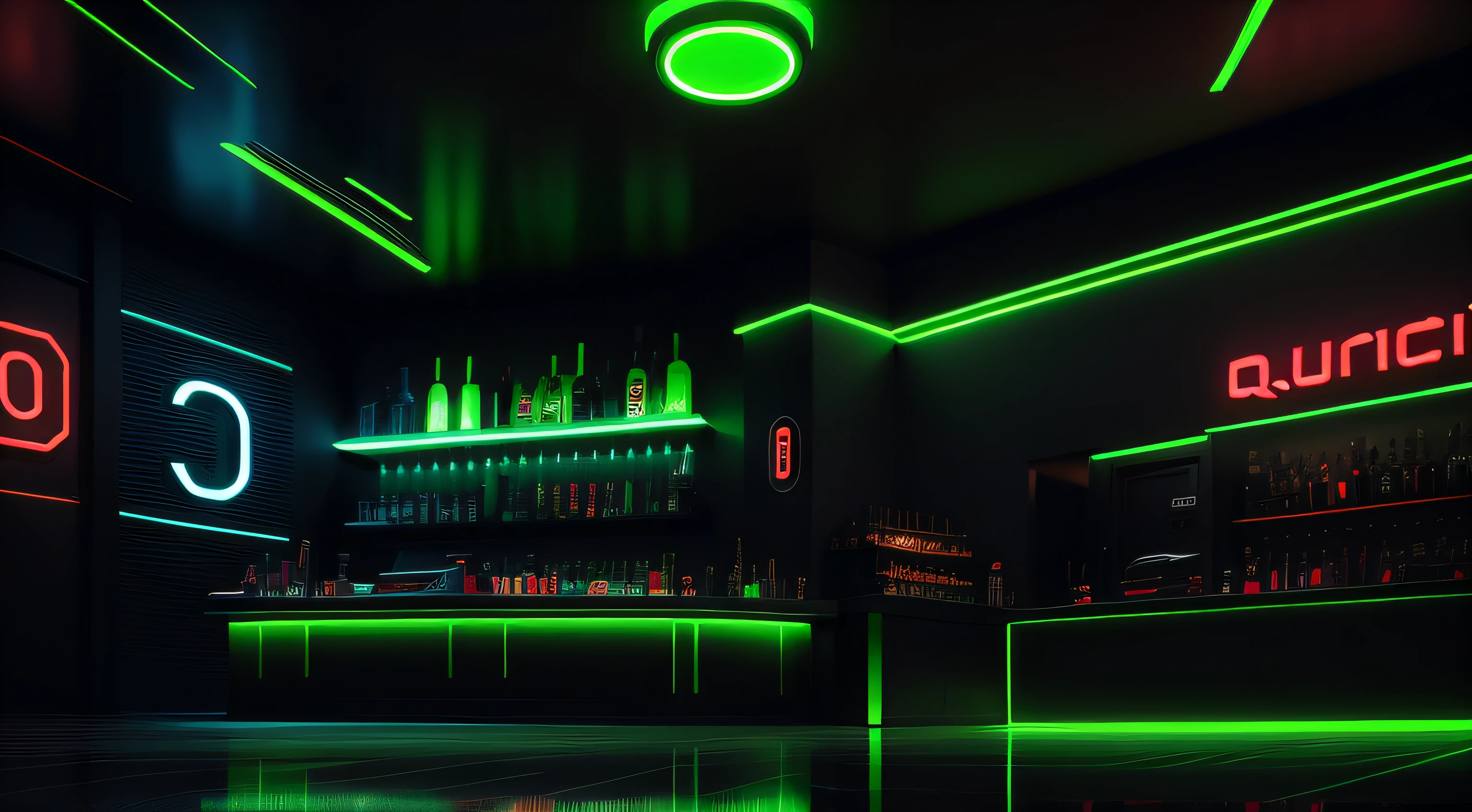 Interior space,neon-light-effect,Black and green combination,Red accents,3D Digit Background,with light glowing,smooggy,Bar counter,HighestQuali,k hd,Realiy,The number background is random