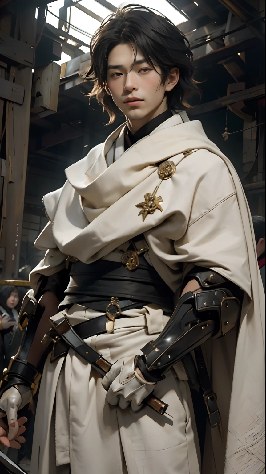 best qualtiy ,tmasterpiece ,Realistis ,A detailed ,realisticlying ,A strong boy,facing to audience,White clothes ,Kiyosawa's face,handheldweapons,Protect others' posture,Eyes look at the audience gently,A soft light shines on the face,Behind him is a post-war ruin
