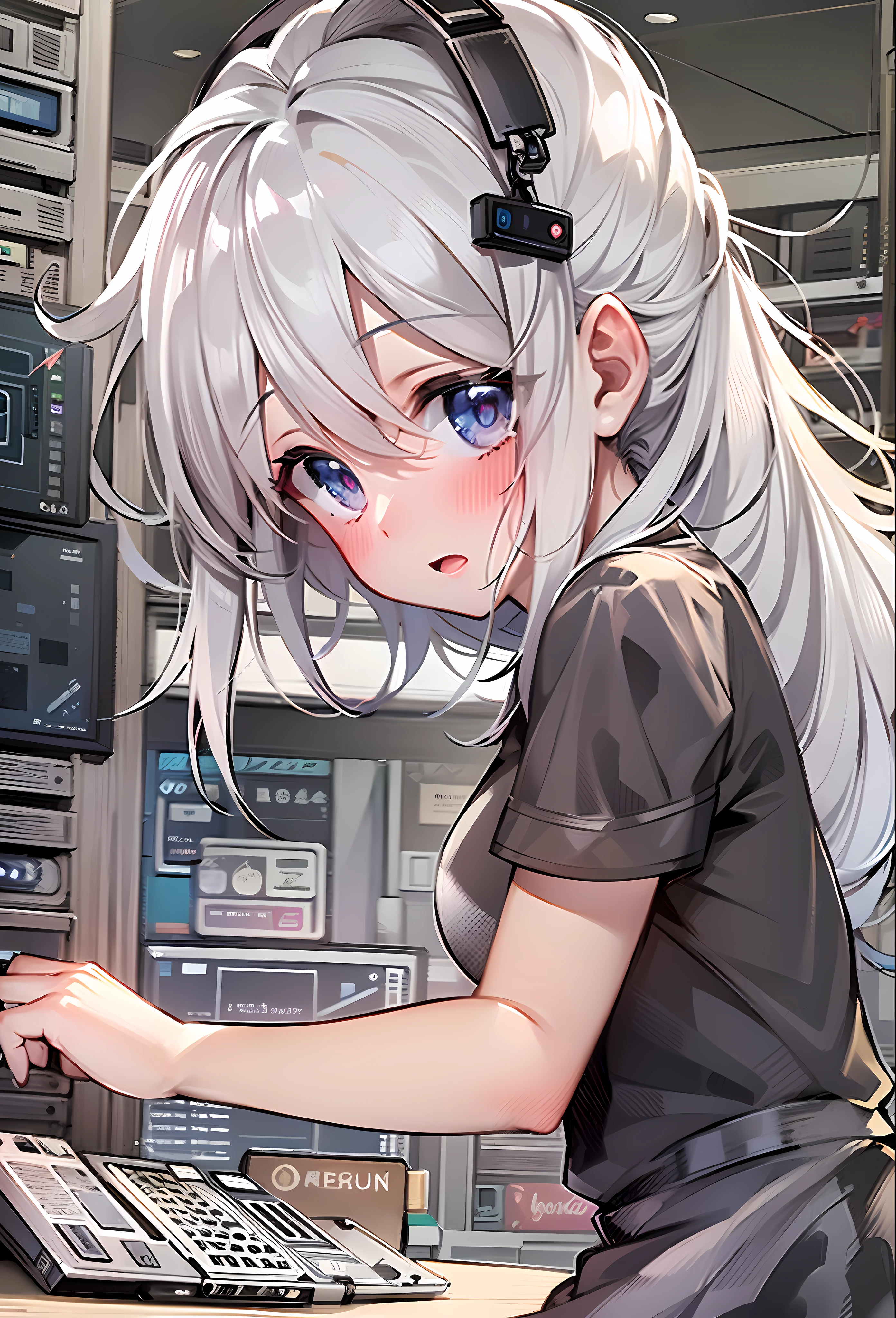 SFW, 1girl, Solo, (((illustration))), ((white hair)), high detailed eyes, (long dishevelled hair), (computer shop, graphics card section:1.2), bewildered beautiful girl, browsing, looking confused, long hair, casual clothes, holding a product box, comparing specs, store lighting, shelves, tech products, customers, (blushing:1.2), searching for help, unsure, timid expression, french maid costume