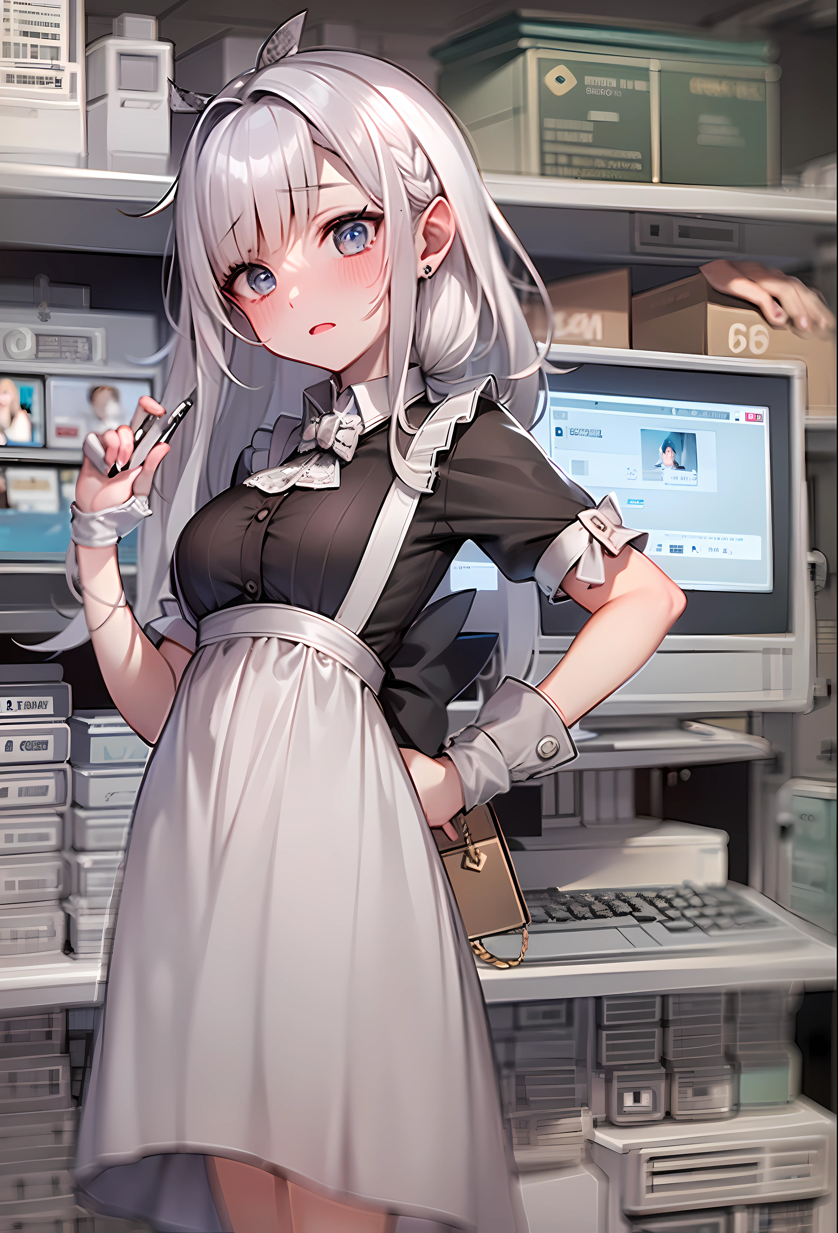 SFW, 1girl, Solo, (((illustration))), ((white hair)), high detailed eyes, (long dishevelled hair), (computer shop, graphics card section:1.2), bewildered beautiful girl, browsing, looking confused, long hair, casual clothes, holding a product box, comparing specs, store lighting, shelves, tech products, customers, (blushing:1.2), searching for help, unsure, timid expression, french maid costume