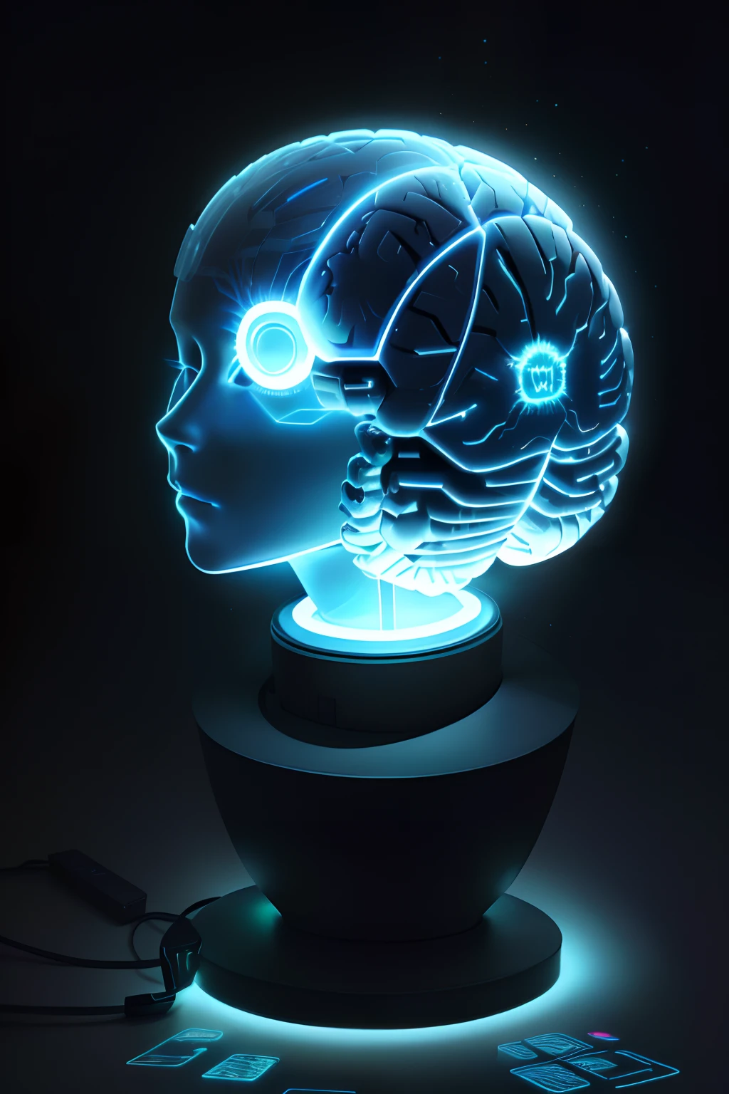 There is a glowing cat head,There is a brain on it, detailed glowing head, Artificial awareness, strong artificial intelligence, robo-head, Consciousness projection, artificial intelligence god, artificial intelligence machine, Artificial intelligence robot cat,The smartest cat,The smartest brain
