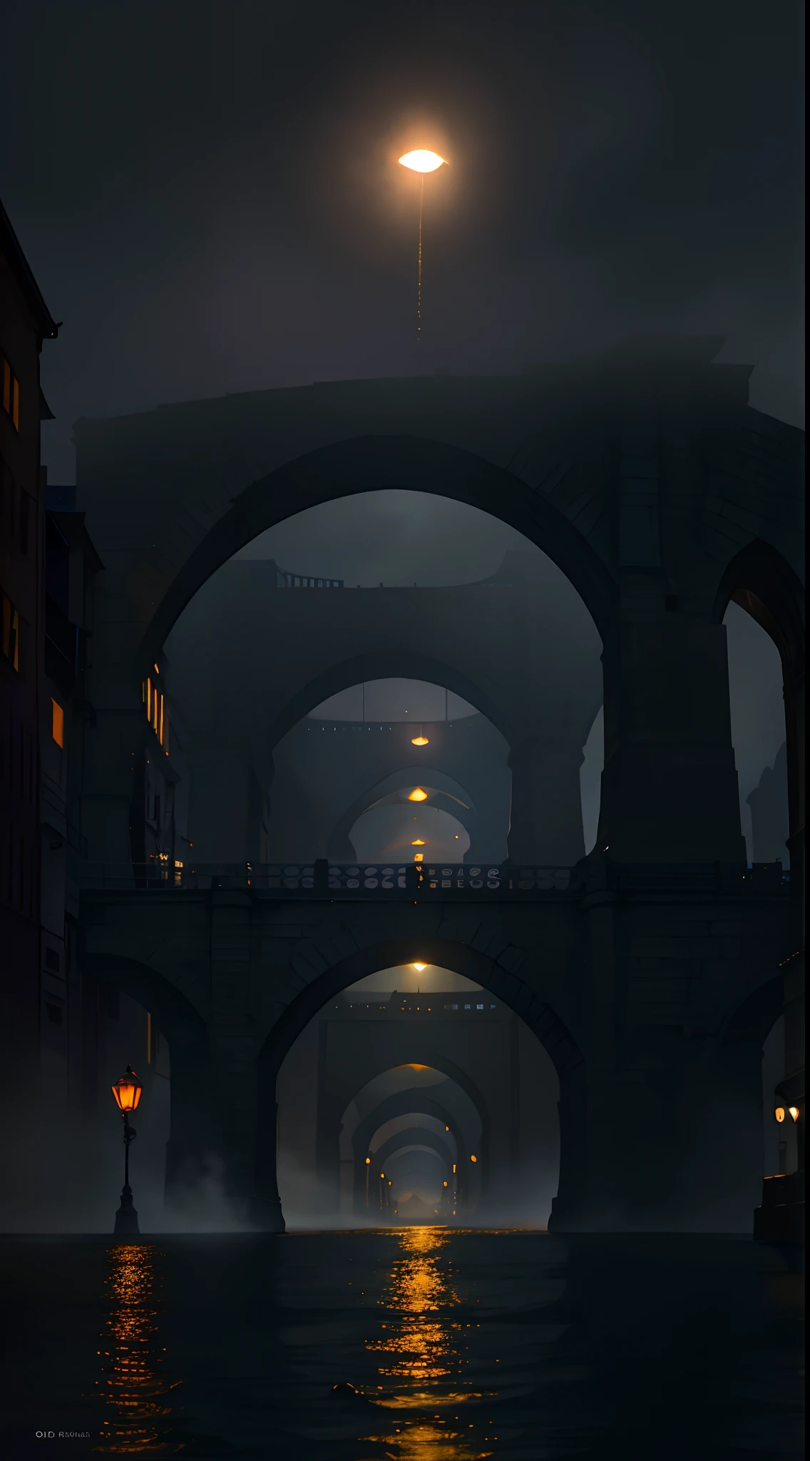 Night images of the old bridge shrouded in mist.