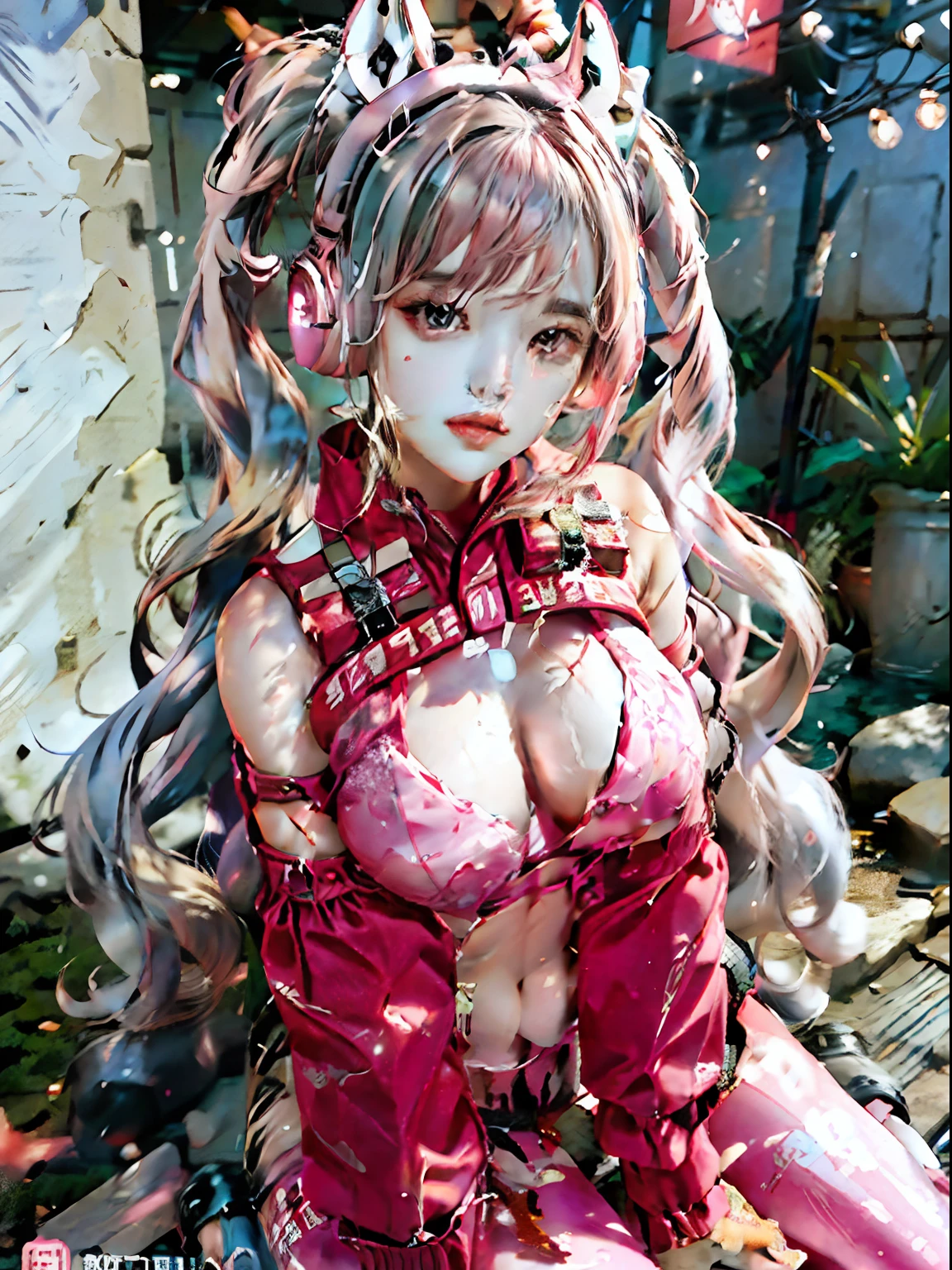 best qualtiy, tmasterpiece, 超高分辨率, (fidelity: 1.9), RAW photogr, 1girll, exposed bare shoulders, closeup cleavage, Asians, exteriors, playground, 电影灯光, By bangs, swim wears,Bare breasts, Cover the navel, Cropped jacket, , Earphone, long whitr hair, longer sleeves, mediuml breasts, parted lip, Pink tights, Pink eyes, Pink hair,big breasts exposed cleavage, Fluffy sleeves, red blous, shrugged shoulders\(The clothes ar\), skin tight, 独奏,Double tail,alice\(Japanese post),(tmasterpiece:1.4),(best qualtiy:1.4),(shiny skins),Photorealsitic