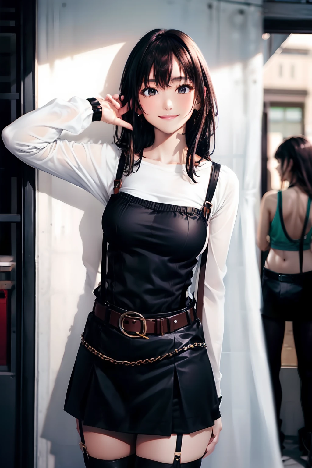 a belt Colossal tits suspenders garterbelts Black stockings Black tank top a miniskirt Brown hair Gray eyes length hair No bangs morning glow chain Fold your hands behind your back a smile