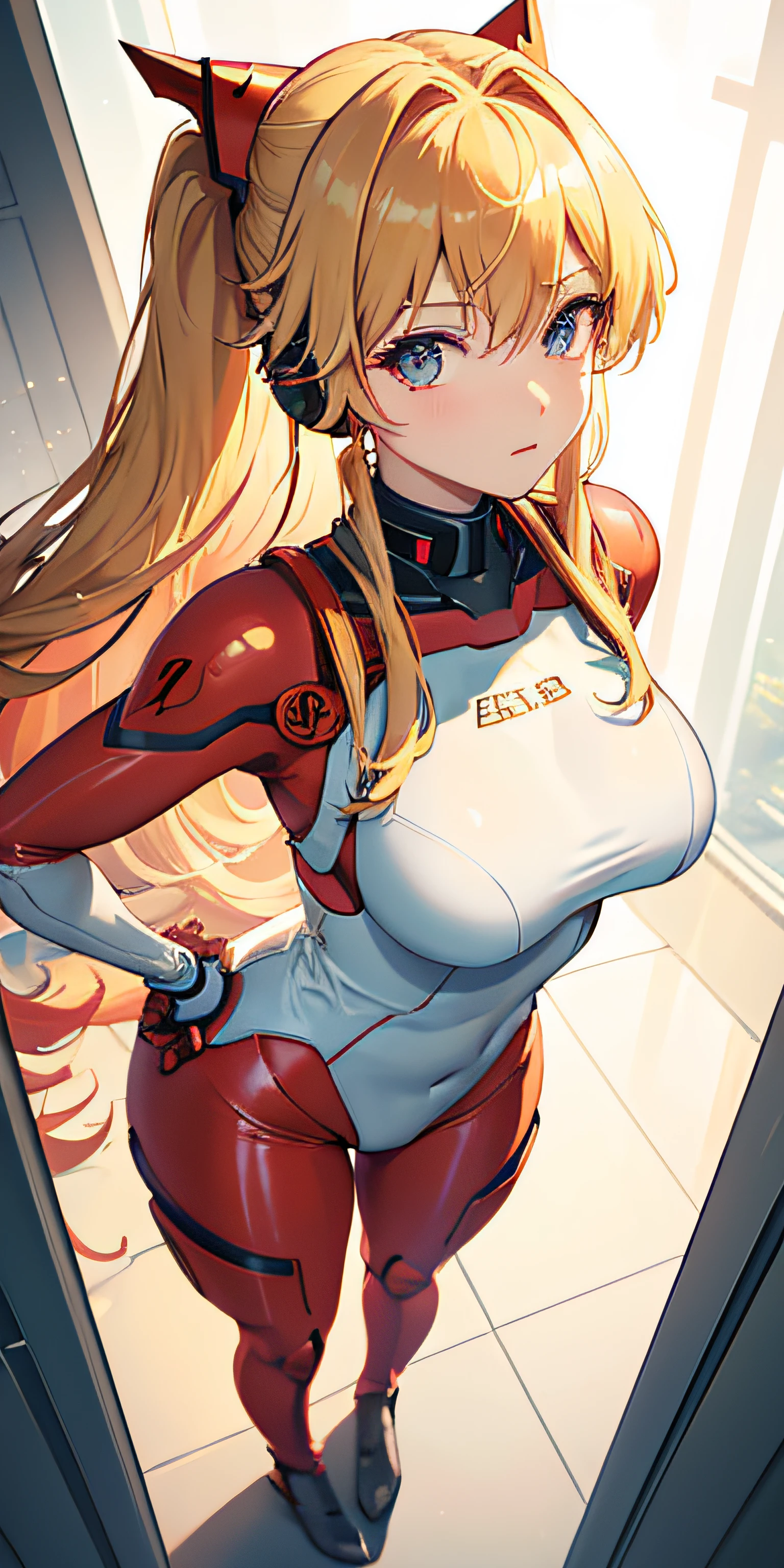 (Overhead view),dynamic angle,ultra-detailed, illustration, close-up, straight on, 1girl, 
 ((souryuu asuka langley, interface headset, red bodysuit:1.4, blonde)),Her eyes shone like dreamy stars,(glowing eyes:1.233),(beautiful and detailed eyes:1.1),(expressionless,closed mouth),(standing), 
(mechanic room with toolsand spaceship windowin a white SPACESHIP),
(night:1.2),dreamy, [[delicate fingers and hands:0.55]::0.85],(detail fingers),