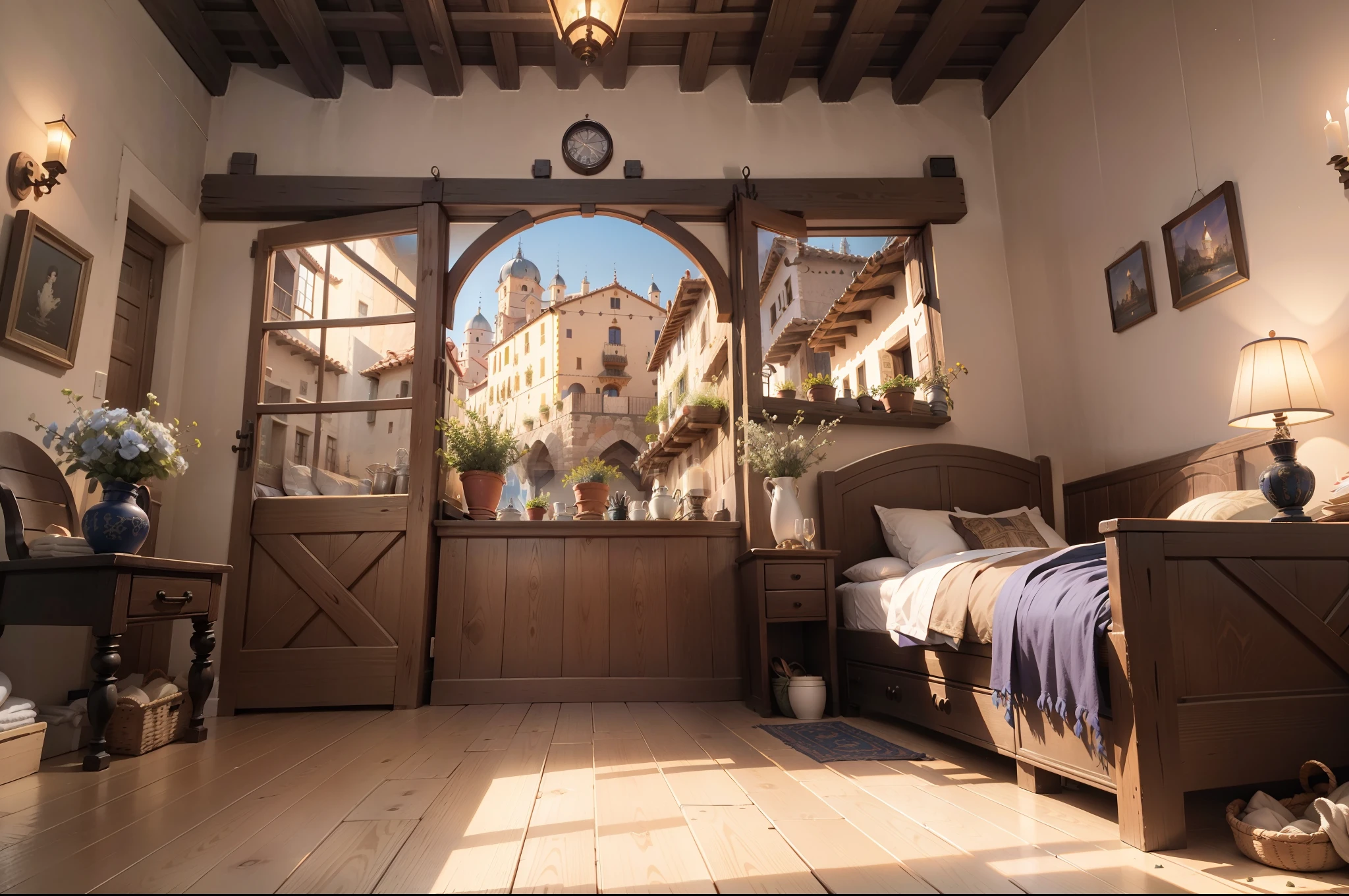 Buildings with wooden beams,, liang, Wooden support, interior view,、Ghibli、hiquality、medieval times、Western style、Italian style、There is no window in the back、There are no people、Silence、The dim、fish-eye lens、in isekai、leisure、unmanned、no Animal、No humans、No lamp、Private、No humans、It features a simple、old、poverty、Vanishing point on the right、Right diagonal、Animated background of the interior of a medieval inn, Fantasy,Italy、Spain、unmanned、Silence、chandelle、candelabra、Rugged construction、No humans、oud、No person、inn、a bed、One small window、No doors、garret