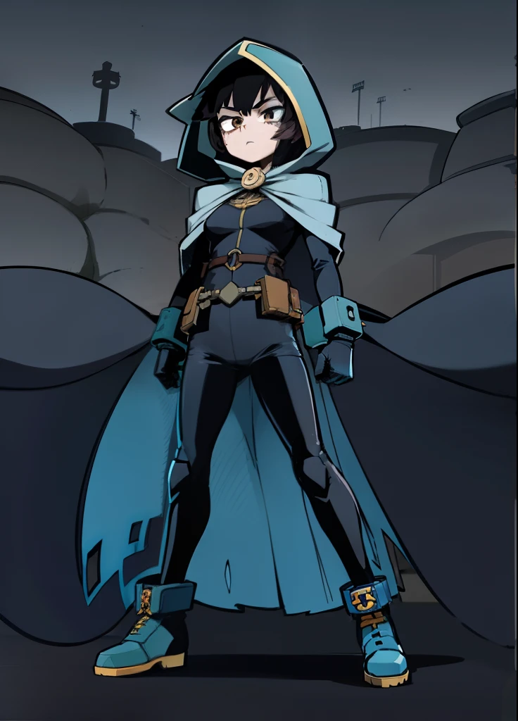 My Hero Academia Style, Luz Noceda, The Owl House, Anime Girl, female, trending on artstation pixiv, (full body shot:0.5), Masterpiece, Short Brown Hair, Pixie Cut, Brunette Skin, Brown Eyes, Long Side Bangs, Hero Costume, Full Body Suit, Indigo Blue Suit with Gold Lines, Brown Ankle Boots, Ankle Boots with toe cap, gold metal knee pads, brown gloves, long purple cloak with hood, pointed hood, hood down, medium chest, wide thighs, wide hips,
