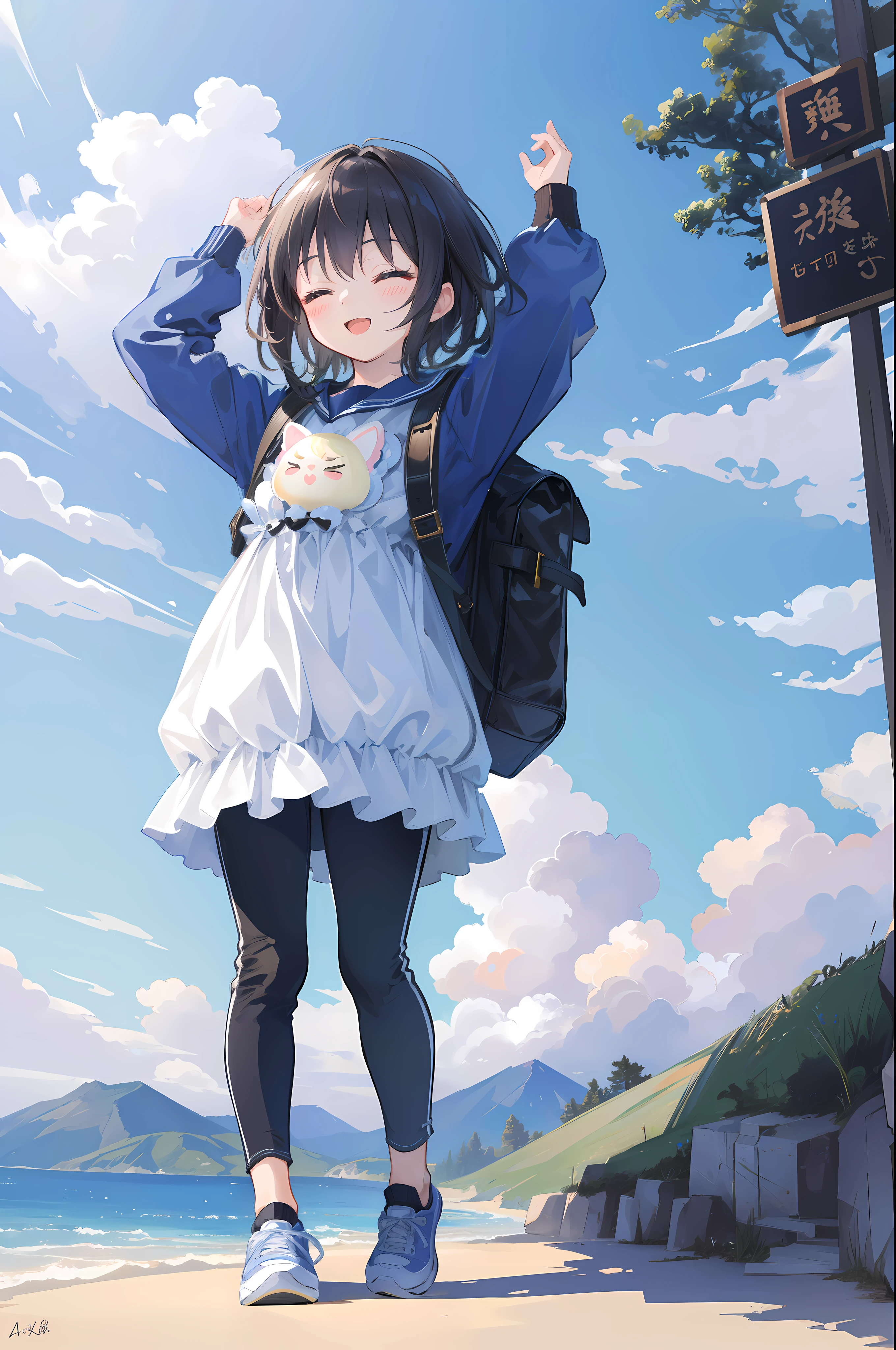 (masterpiece, best quality, ultra detailed, high resolution, intricate details, absurdres, perfect anotomy:1.4), (shiny hair, smooth and white shiny skins), (extremely detailed beautiful face, extremely detailed beautiful eyes), (super fine illustration, extremely detailed CG unity 8k wallpaper, Unreal 5:1.4), (anextremelydelicateandbeautiful:1.5), BREAK,
(kawaii girl, cute, , chibi, fuwafuwa girl:1.4), BREAK,
solo, outdoors, backpack, sky, sign, mountain, day, 1girl, bag, smile, holding, scenery, pants, arms up, shoes, closed eyes, sneakers, blue sky, jacket, black hair, rock, black pants, landscape, standing, open mouth, glasses, short hair, cloud, long sleeves,