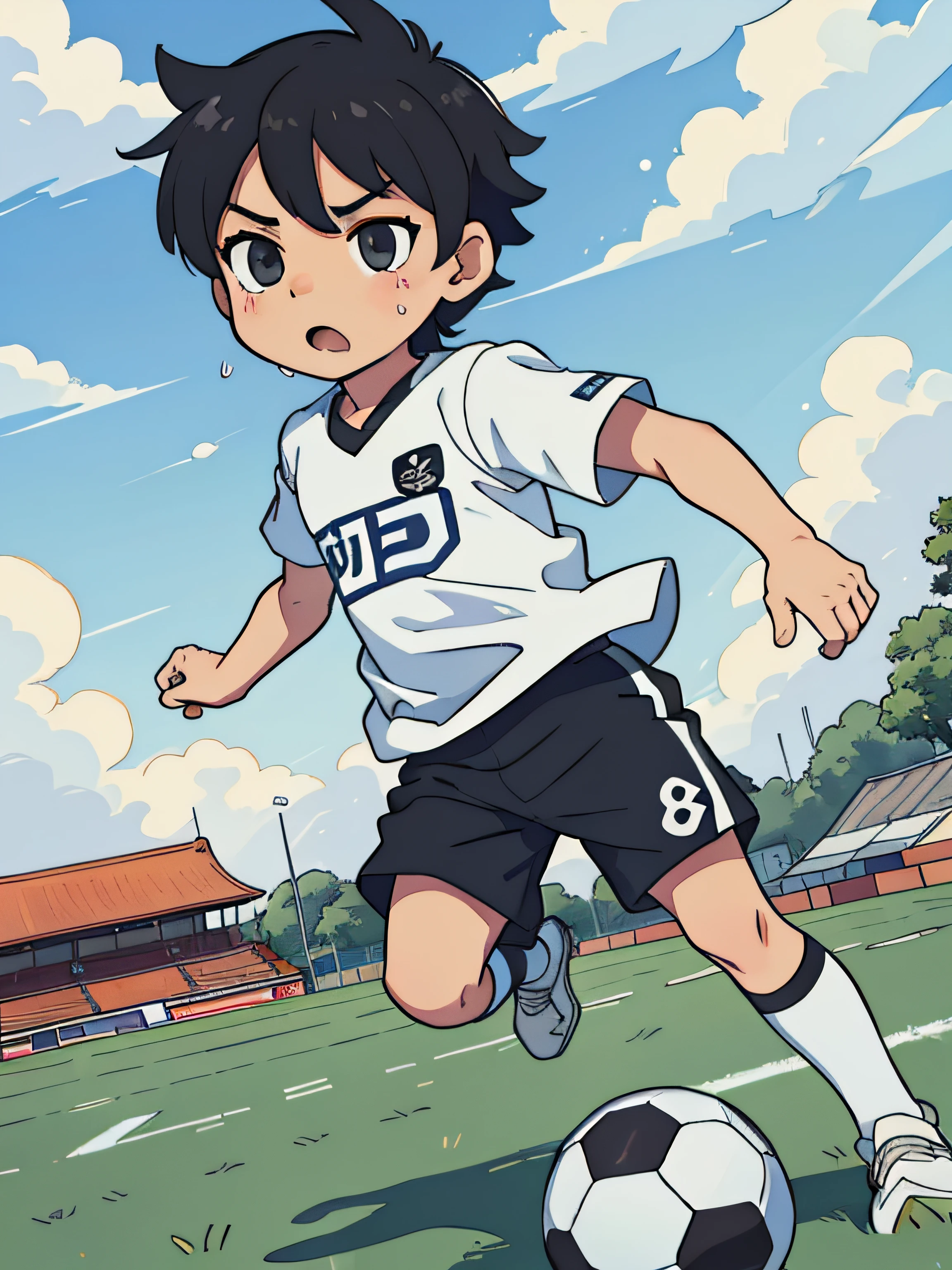 6 year old boy，(​master piece, High quality, 8K) ，Japanese manga style，((Cartoony))，(full body2)，((A young boy with))，with short black hair，((play soccer))，((Shooting action))，full body1.2，Sprint actions，White sports short sleeves，sweat shorts，soccer cleats，high detal，Rich in detail，SuperiorQuality, best qualityer