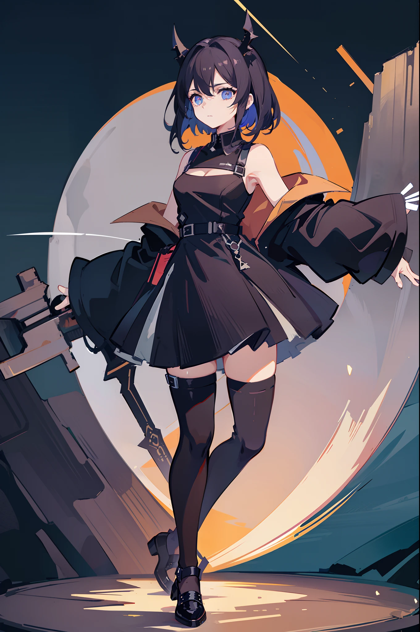 The antennae are slightly curved,Two dark blue antennae protrude from the sides of its forehead,The hair is dark blue and black,Longer hair,It is dark blue and black,It gives a mysterious and unique feeling。,The eyeballs are gray, as if godless,There is a flashing dark blue core on the chest,Wear relatively large black long-sleeved clothes,The material of the black long-sleeved dress is slightly old,The sleeves of the shirt are dark blue,There is a relatively large opening in the middle of the sleeve,There is also an opening in the middle of the dress,Vaguely showing the flash of the core on the chest,The pants are black and loose-fitting,The shoes are bone colored,Harmonize with the overall image,The background is the setting of a ruined ancient city,Full of mystery and desolation atmosphere。In a deep dark environment,The sleeves and antennae glow a dark blue glow,It stands out in the midst of this ruin。