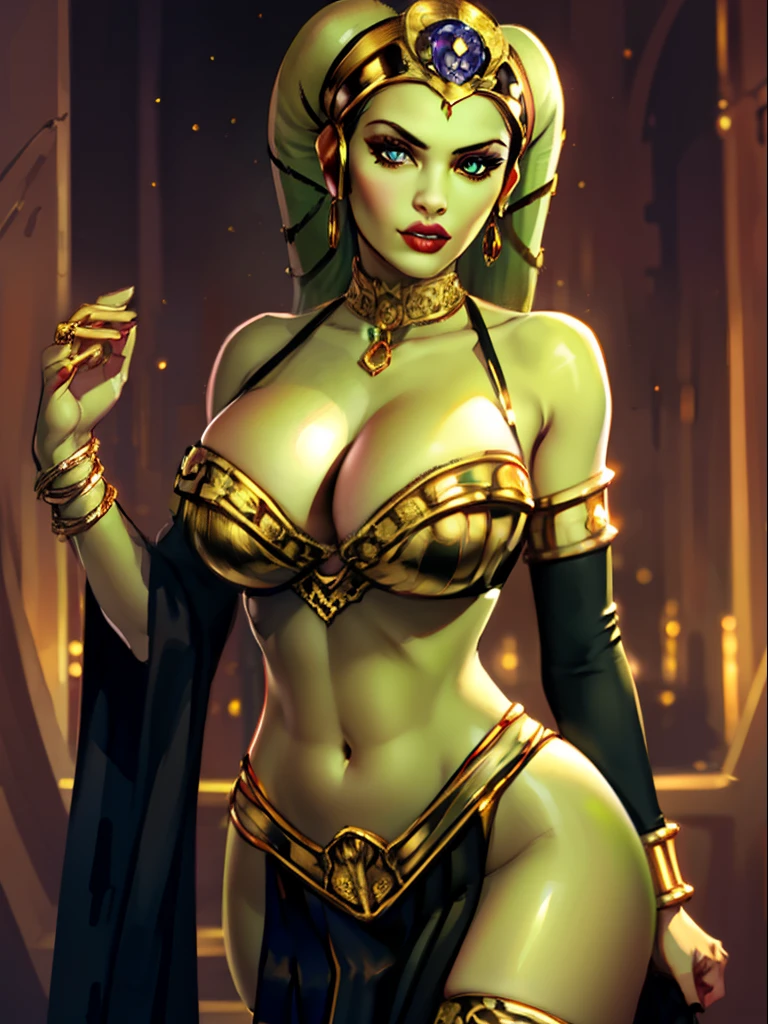 (best quality, masterpiece, highly detailed), 1girl, (green skin), sexy busty Twi'lek, large breasts, (skindentation, cleavage), looking at viewer, gold and black bikini, gold, ornate metal bra, metal lace, gemstones, jewelry, long skirts, armlets, pelvic curtain, Star Wars, lekku stripes