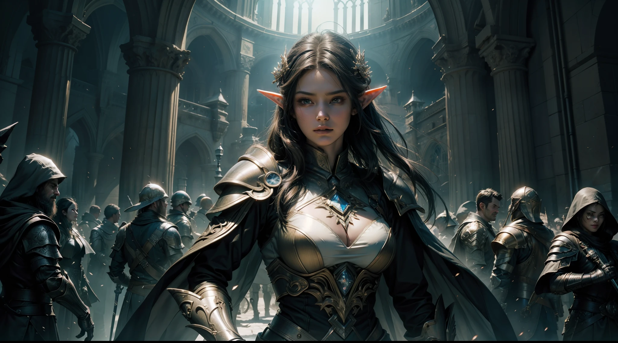 ((best qualtiy)), ((tmasterpiece)), ((Realistis)), (A detailed), (realisticlying:1.5),illusory engine, (High detail: 1.9),(femele:1.4),(big breasts beautiful: 1.4),(carismatic:1.3), (Large breasts), Female elf,beuaty girl,Exquisite armor,beauitful face, looking at viewert, dynamicposes, The background is the castle,hdr, Ray traching, NVIDIA RTX, Hyper-Resolution, Unreal 5, sub surface scattering, PBR textures, Post-processing, Anisotropic filtering, depth of fields, Maximum clarity and sharpness, trichotomy,8K original,(Luminous Particle:1.4),(VerydetailedCG,Unity 8k壁纸,cinmatic lighting,lens flare glow),Reflectors,Sharp focus,(((Glowing sword:1.8)))