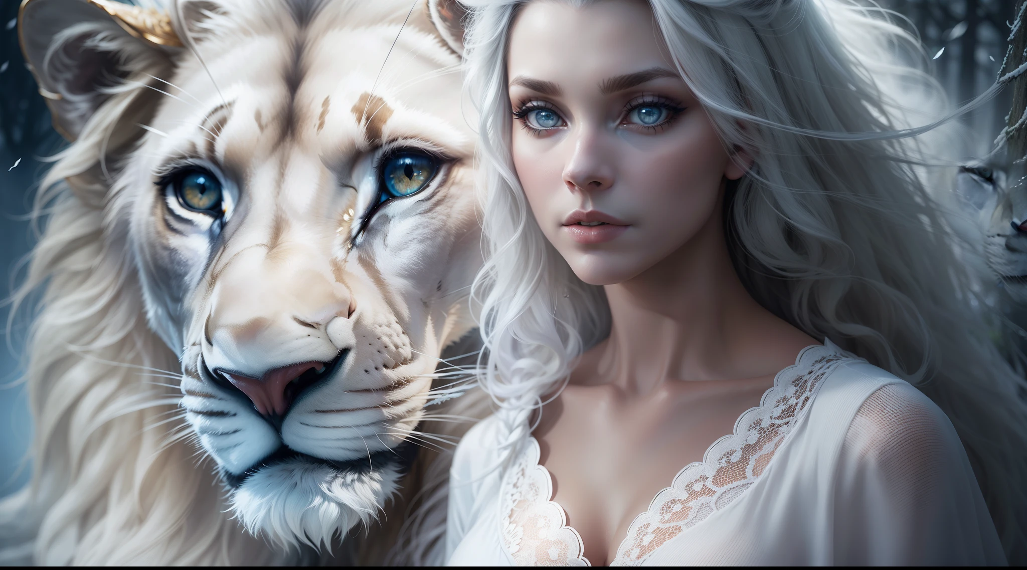 Dark and magical night, magic mist, Beautiful and beautiful woman next to a white lion, estilo de capa de filme, similar to actress Lauren German, Realistic, white lion next to German Lauren, mulher nova de 24 anos, magical effect, arte crua, best quality, foco nos detalhes, Lauren German, vestido de casaco, olhos azuis, longos cabelos brancos de neve, Fundo de imagem de floresta escura, estilo de capa de filme, menina que caminha na floresta nevada, Woman and Lion.