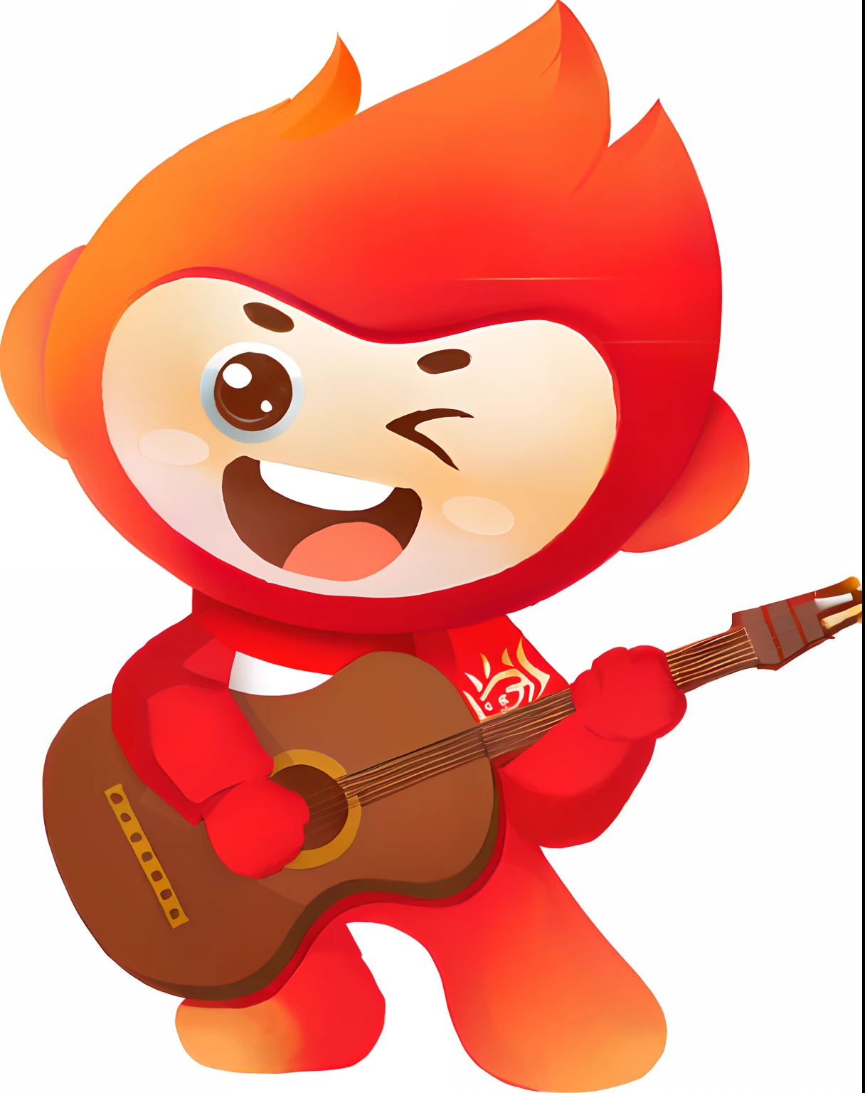 Cartoon character with Red Monkey playing guitar, no gradien, Strong flames, Bright colors, Strong calligraphy style, Elements of a Japanese mascot, The effect of a raging fire, Background of Shaxi, Lu Ji's style, Cheerful music, Combine elements of microblogging, Wanda's vibe, inspired by Luo Ping, Manifestations of raging fire, Tang Mo's style, Noisy chibi scene, Cute image of a baby goat, Colorful forms, Mysterious Son of God, A reference to the name Lina, Light smoke effect of embers, Noble temperament, Elements of the Martha Cup。
