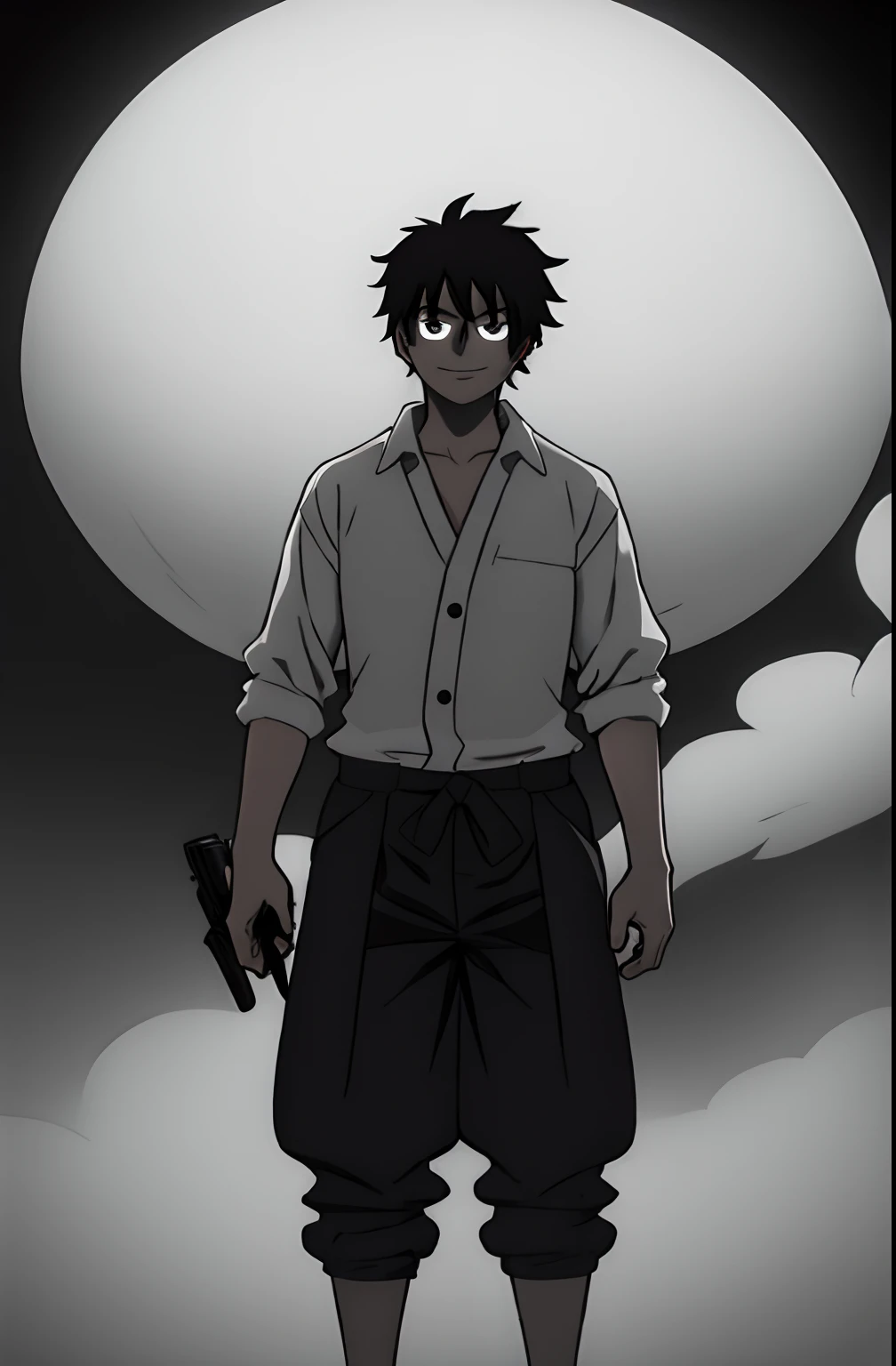 1boy, wanostyle, good, solo, upper body, ((masterpiece)), (best quality), (extremely detailed), depth of field, sketch, dark intense smoke, sharp focus, soft lighting, hdr, slightly colorful, good composition, smoke all around, spectacular, closed shirt, anime screencap, ready to fight, black eyes, black hair. has revolver, gun, black baggy pants, slight smile, dark light, hidden in darkness, scar, Emiya Kiritsugu
