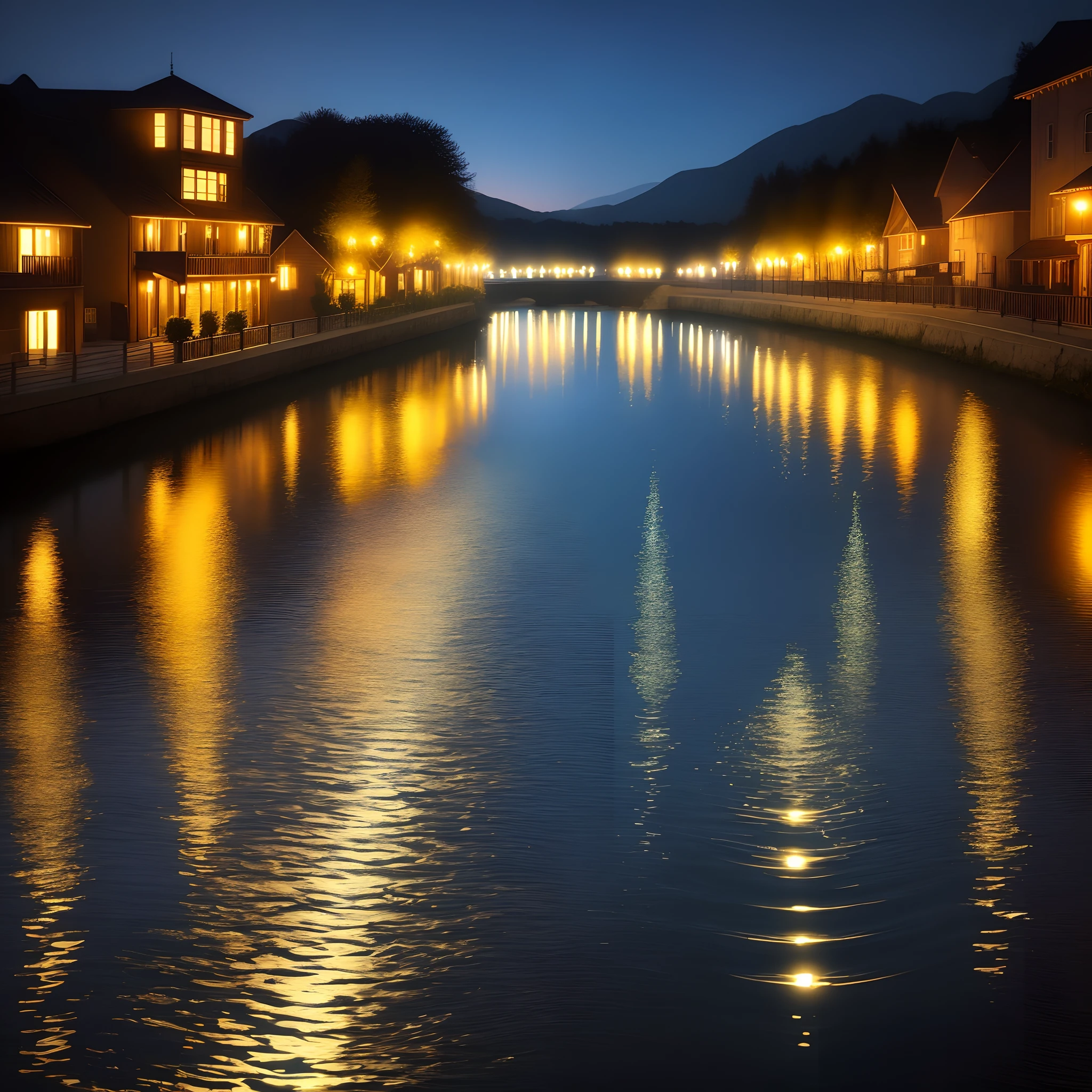 Images of twinkling lights reflecting off water.