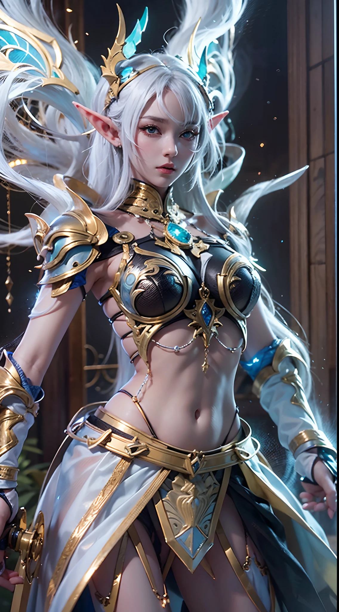 Close-up de uma garota com uma espada, personagem de fantasia ultra-detalhado, intrincado lindo estilo CGI anime, female demon suitable for white horns, fantasia de detalhe 4K, Iconic character of high detail, handsome biomechanical elf, personagem de fantasia complexa, High detail and very sharp and intricate art. octan render, 3D rendering 8K character art, corpo inteiro