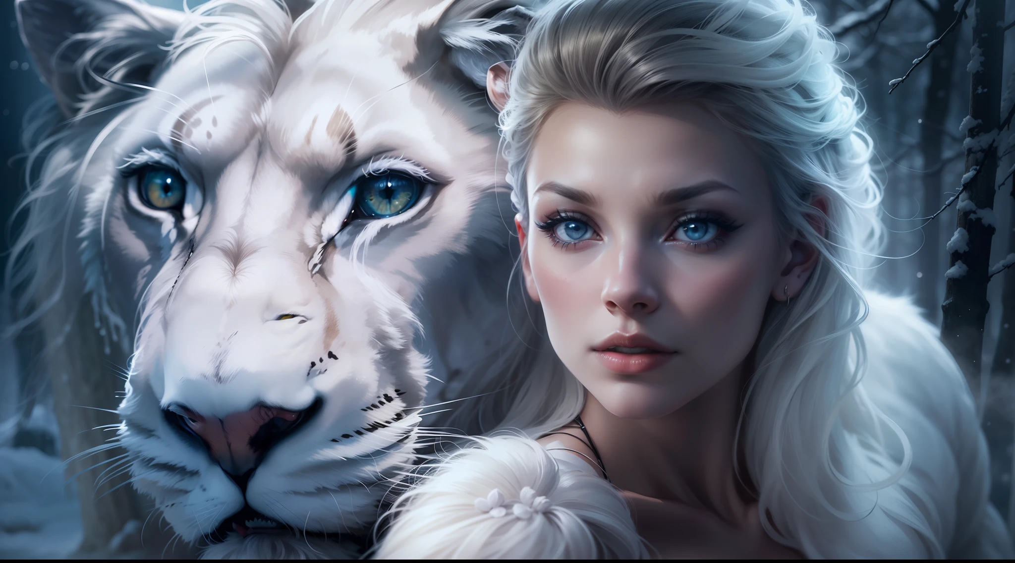 Dark and magical night, magic mist, Beautiful and beautiful woman next to a white lion, estilo de capa de filme, similar to actress Lauren German, Realistic, white lion next to German Lauren, mulher nova de 24 anos, magical effect, arte crua, best quality, foco nos detalhes, Lauren German, vestido de casaco, olhos azuis, longos cabelos brancos de neve, Fundo de imagem de floresta escura, estilo de capa de filme, menina que caminha na floresta nevada, Woman and Lion.