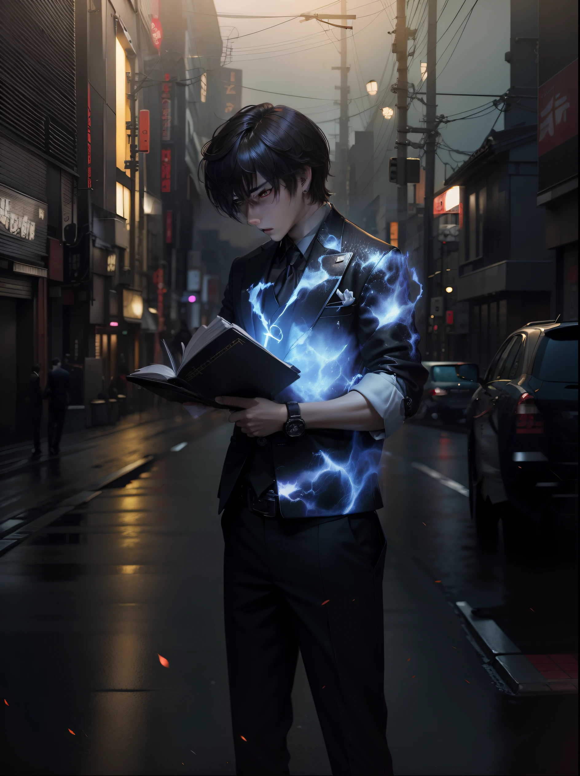 Boy become light yagami, inspired by Death note, death note on boy hands, Black suit and pure black jacket, japan Tokyo city, gangstar and handsome look, realistic enhance and detailed, 4k