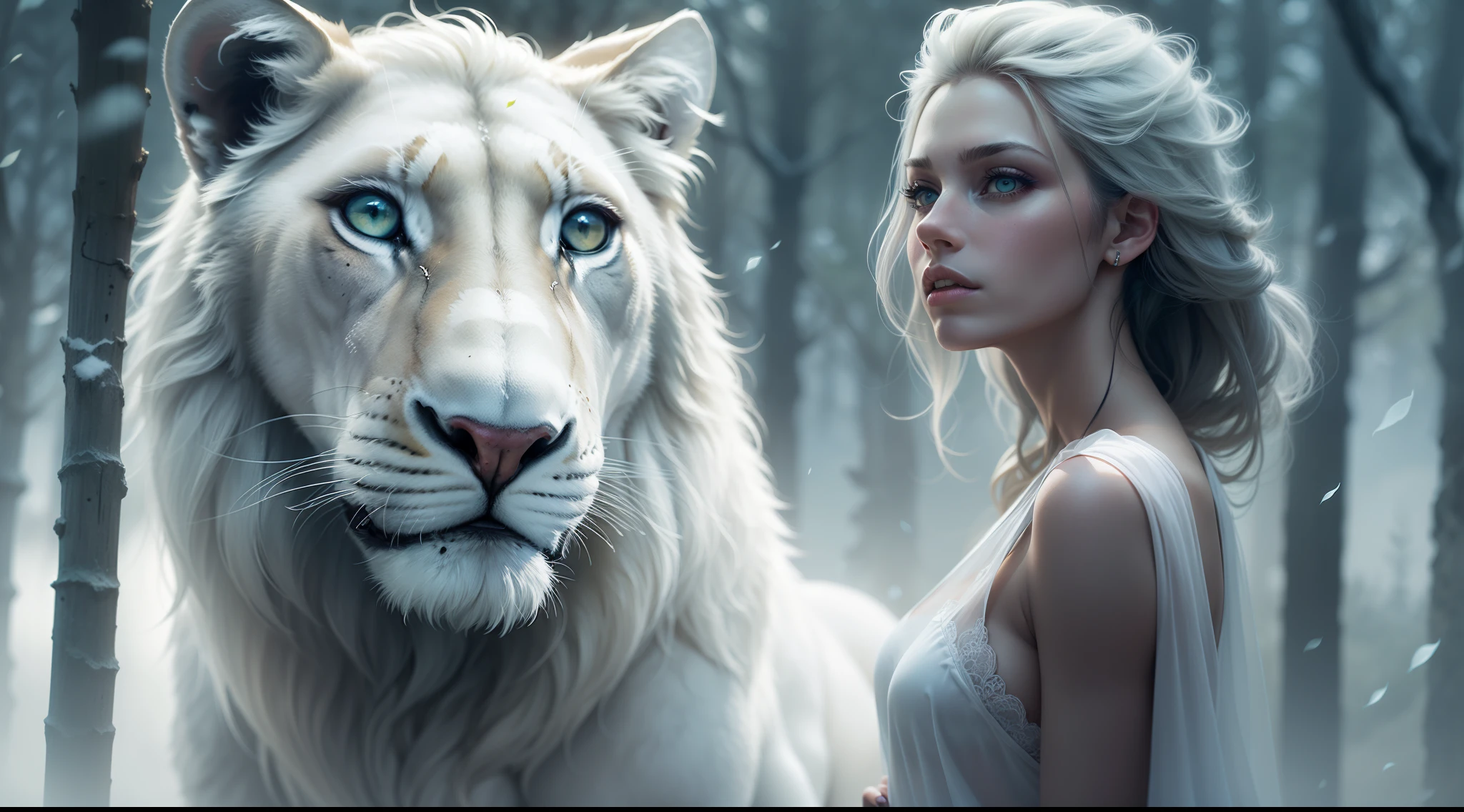 Dark and magical night, magic mist, Beautiful and beautiful woman next to a white lion, estilo de capa de filme, similar to actress Lauren German, Realistic, white lion next to German Lauren, mulher nova de 24 anos, magical effect, arte crua, best quality, foco nos detalhes, Lauren German, vestido de casaco, olhos azuis, longos cabelos brancos de neve, Fundo de imagem de floresta escura, estilo de capa de filme, menina que caminha na floresta nevada, Woman and Lion.