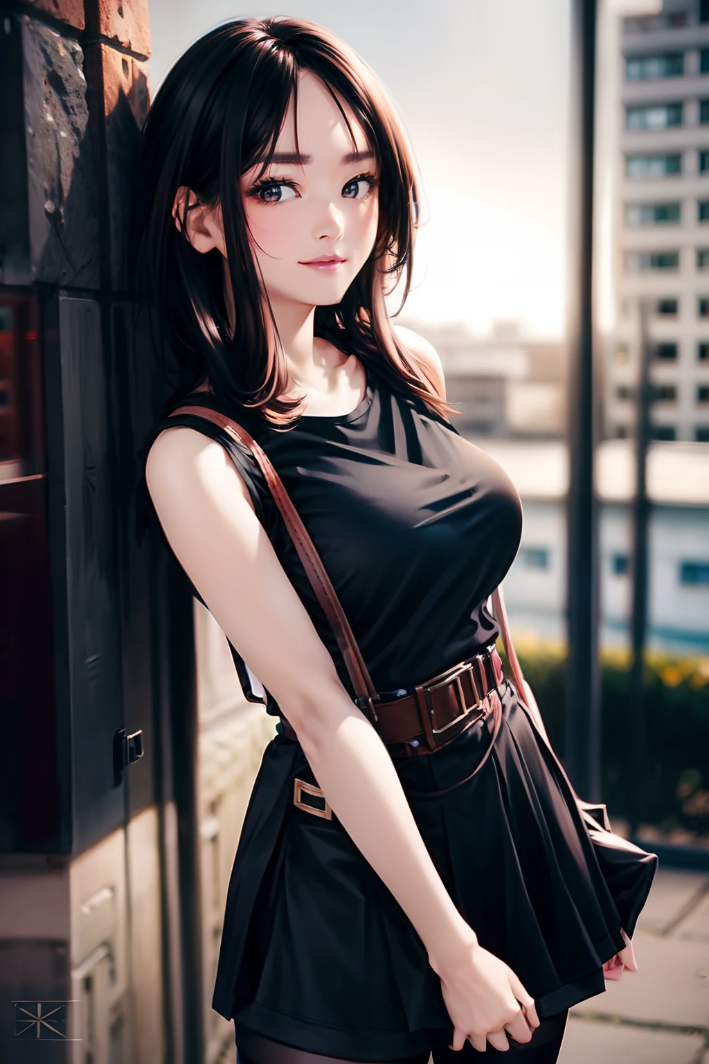 a belt　　Colossal tits　　　suspenders　　garterbelts　　　Black stockings　　Black tank top　a miniskirt　Brown hair　Gray eyes　length hair　Forehead Central Department　morning glow